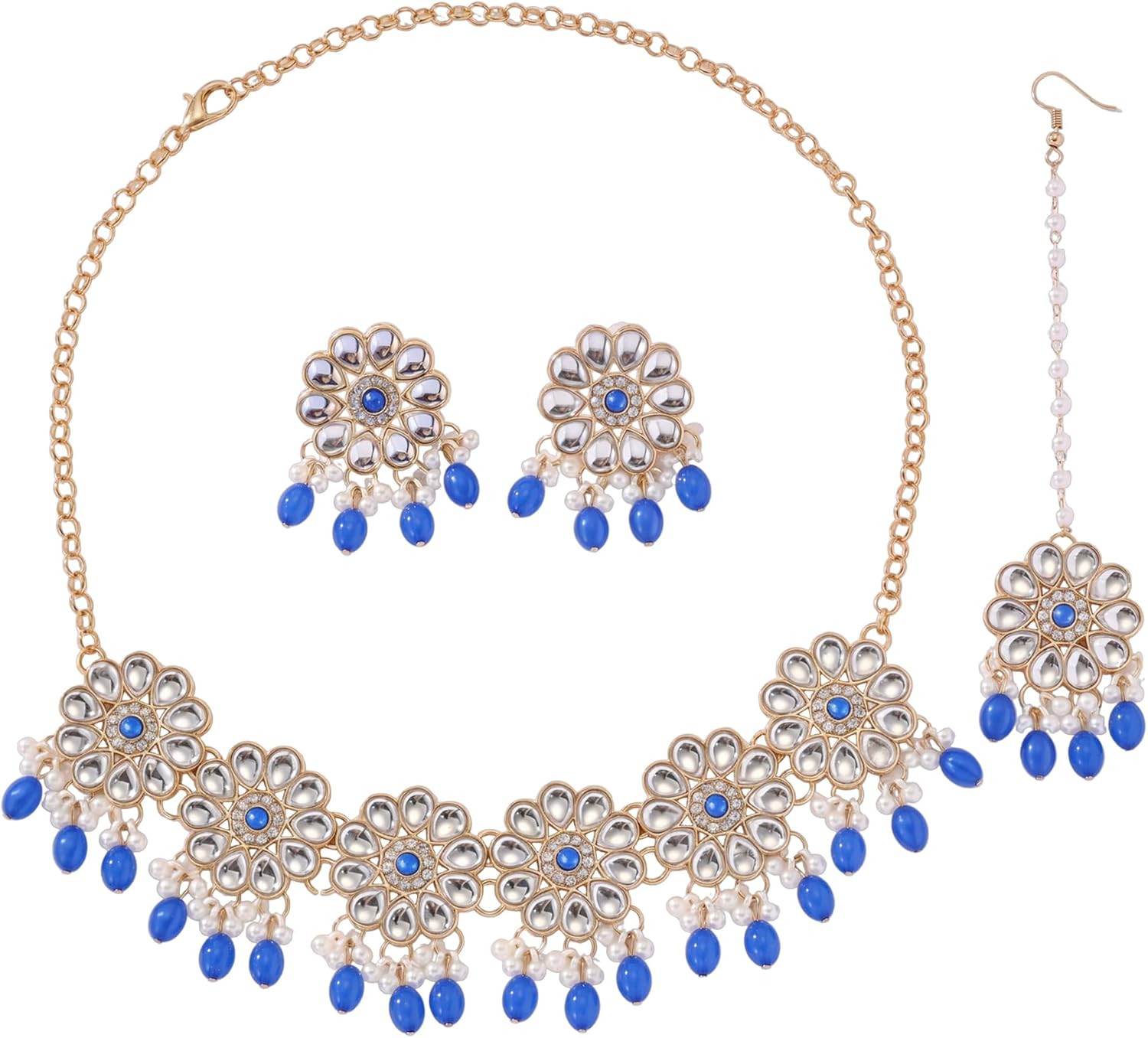 Jhumkas Indian Jewelry Sets for Women, Kundan Necklace Earrings & Maang Tikka Set, Bollywood Traditional Bridal Wedding Choker with Crystal & Faux Pearls in Gold Tone