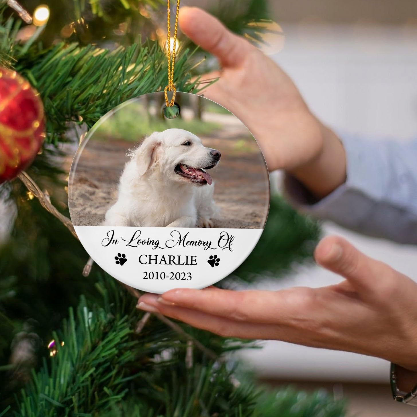 2025 Personalized Dog Photo Frame Memorial Ornaments, in Loving Memory Pet Christmas Ceramic Ornament with Photo Picture, Dog Christmas Ornaments, Custom Dog's Name Ornament Gifts for Xmas Tree
