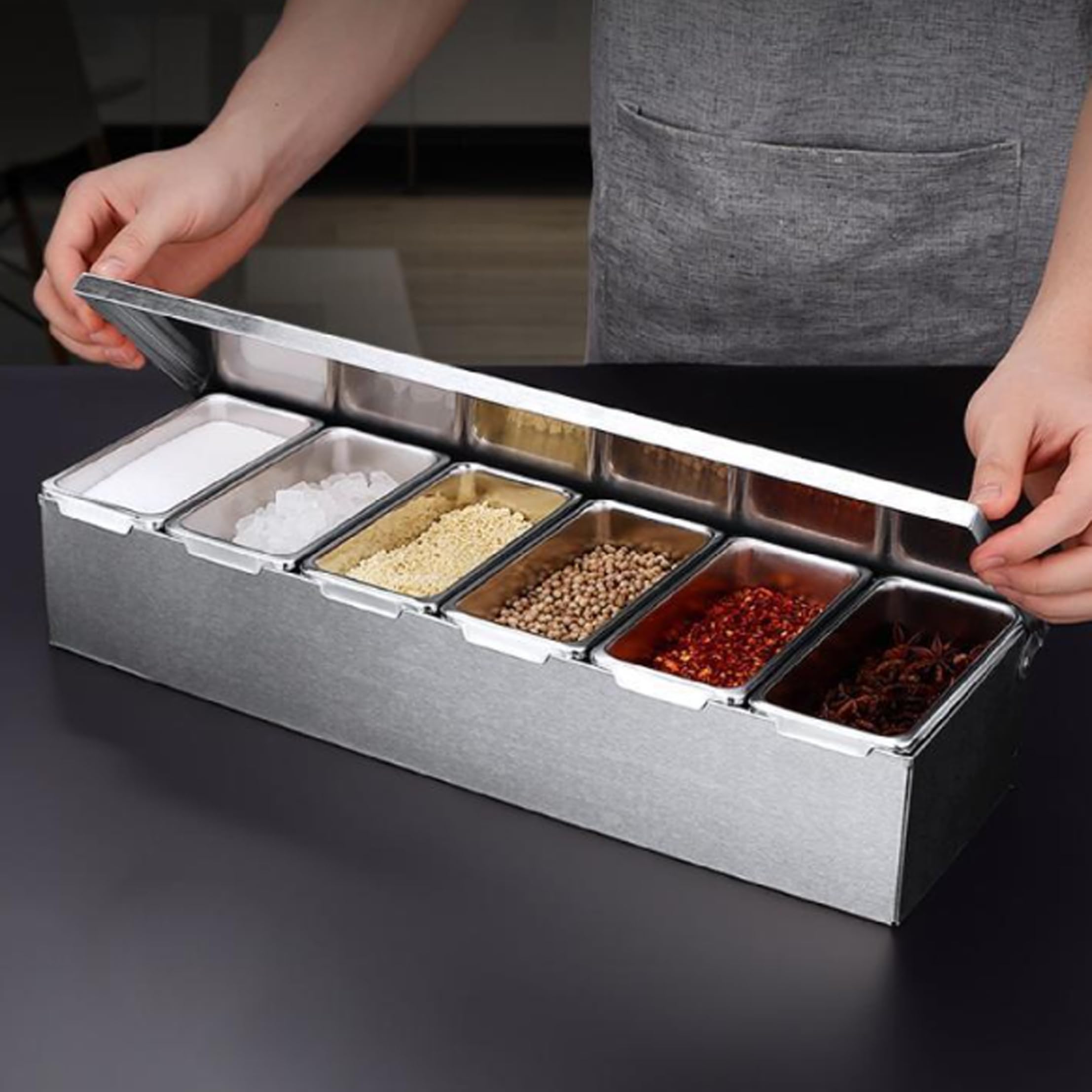 Bandeja para condimentos de 6 compartimentos, recipientes para condimentos de acero inoxidable con tapa