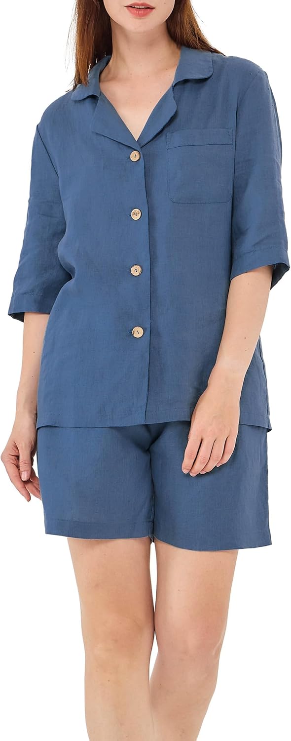 Simple&Opulence Women's 100% Linen Pajama Set Soft Shirt and Pants 2 Pieces Loungewear Slim Fit Soft and Breathable S-L