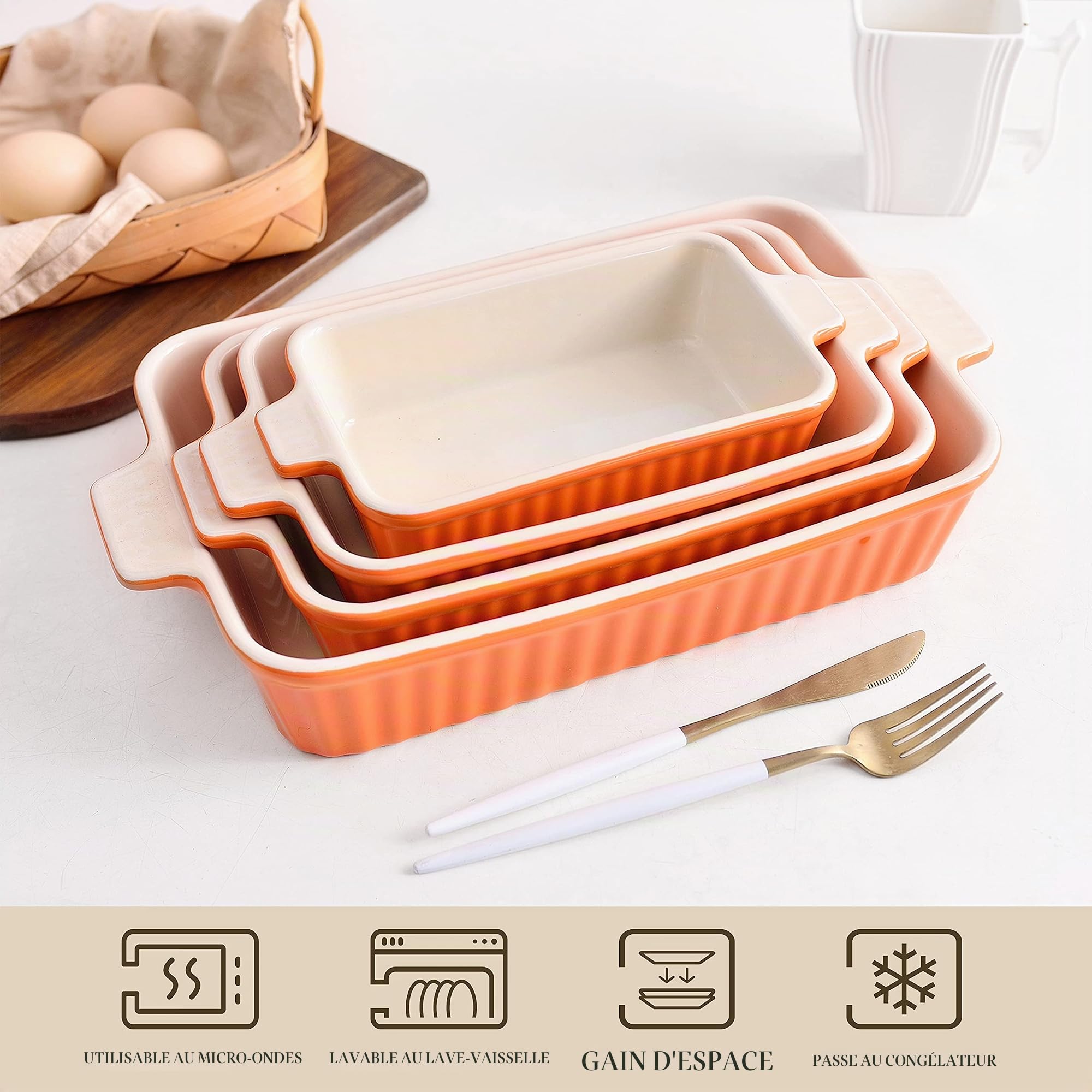 MALACASA Série BAKE, Lot de 4 Plats à Four en Céramique Blanc, 3020ml, 2080ml, 1480ml, 850ml, Plats à Gratin avec Poignées, Passe au Lave-vaisselle, Idéaux pour Cuisson et Gratin - Orange