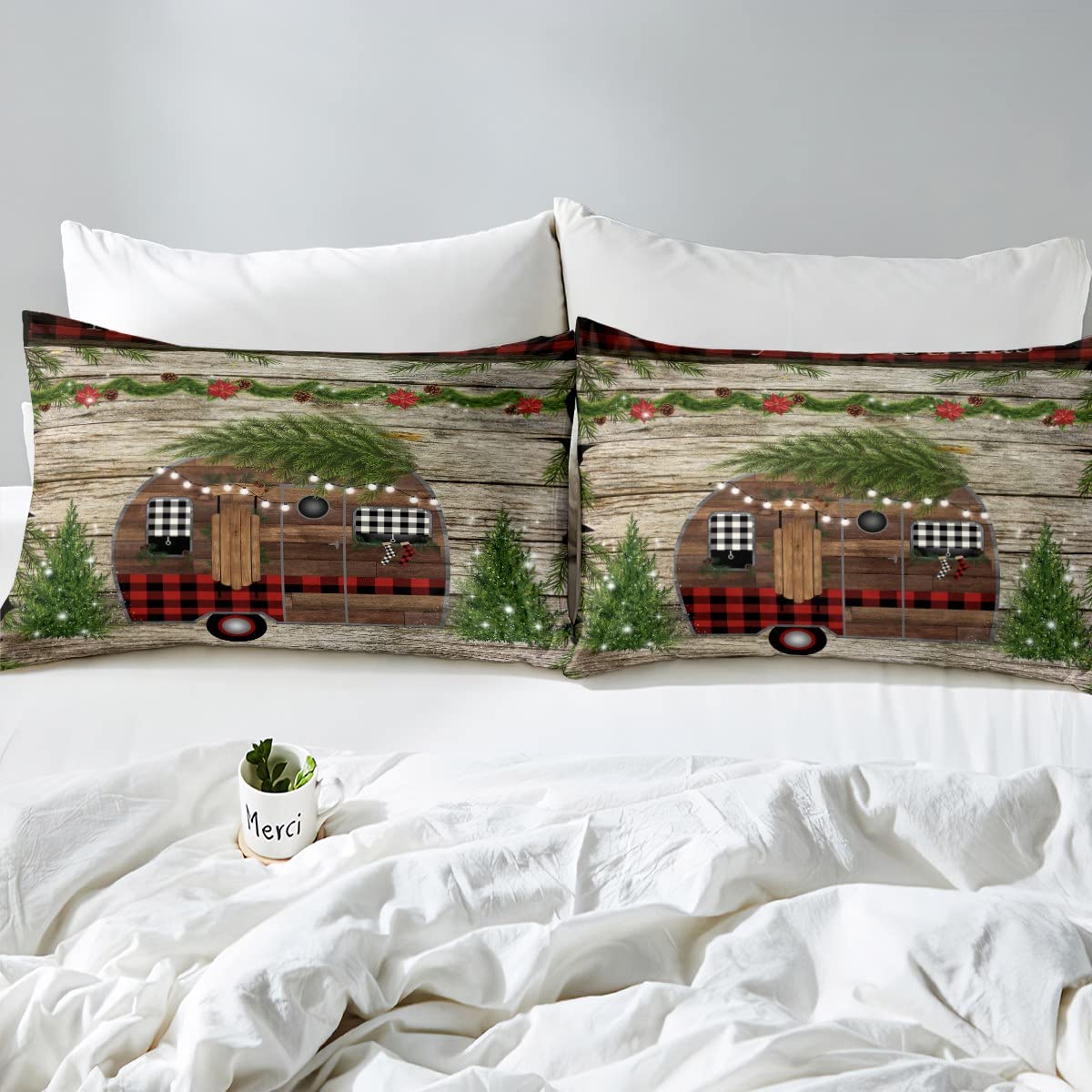 Juego de ropa de cama de coche de camping a cuadros de Merry Christmas para caravana, vintage de viaje con funda de edredón de árbol de pino de Navidad, juego de cama rústico de estilo granja marrón,