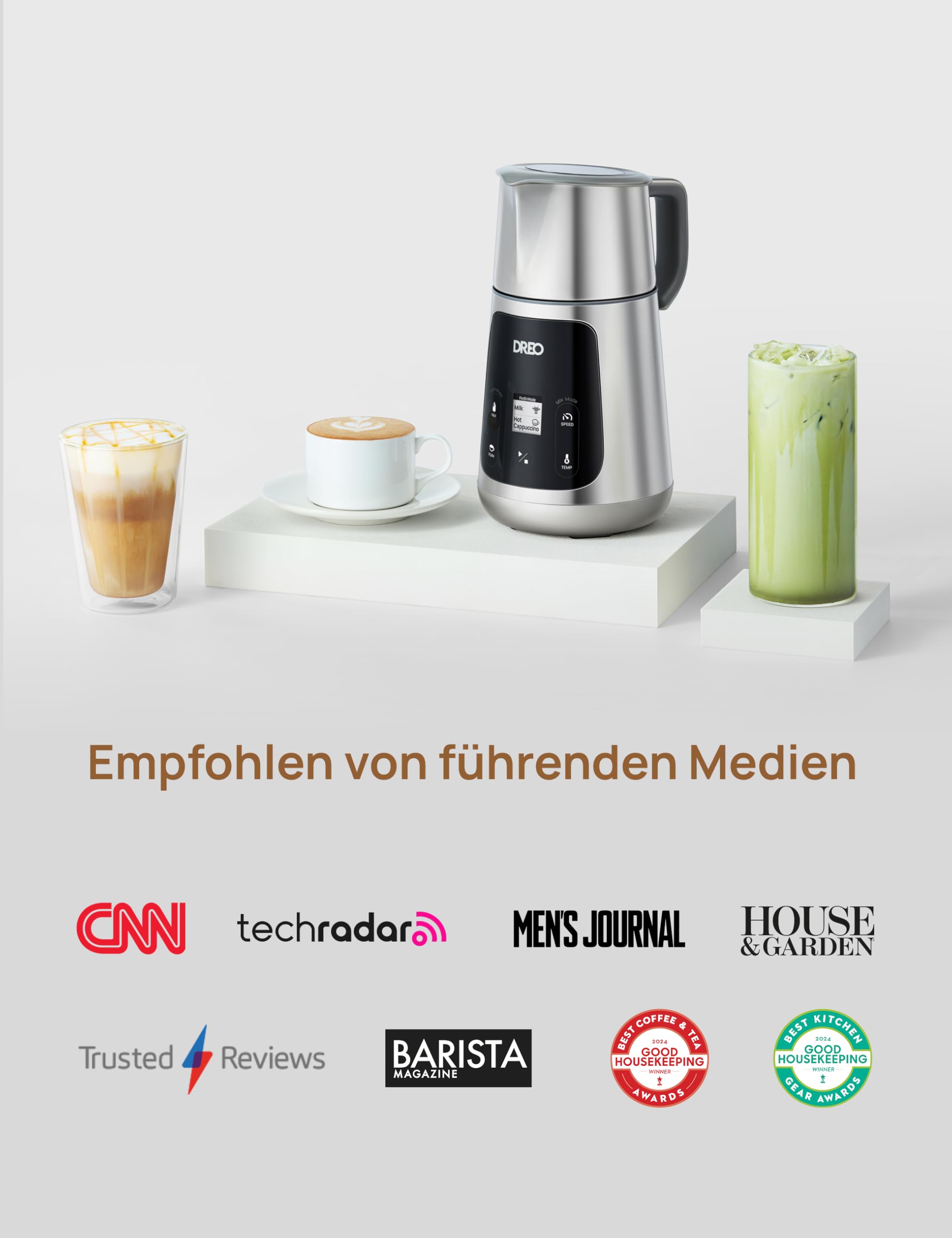 Dreo Milchaufschäumer Elektrisch [Verbessert], All-in-1 450ml Elektrischer Milchschäumer für Latte, Cappuccino, Heiße Schokolade, über 30 Getränke, Leicht zu Reinigen, Spülmaschinenfest, LED-Anzeige