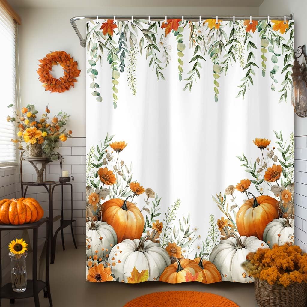 Fall Shower Curtain, Autumn Pumpkins Boho Floral Leaves Harvest Bathroom Curtain Sets,Fall Farmhouse Home Bathtub Thanksgiving Decor with 12PCS Hooks,70X70IN