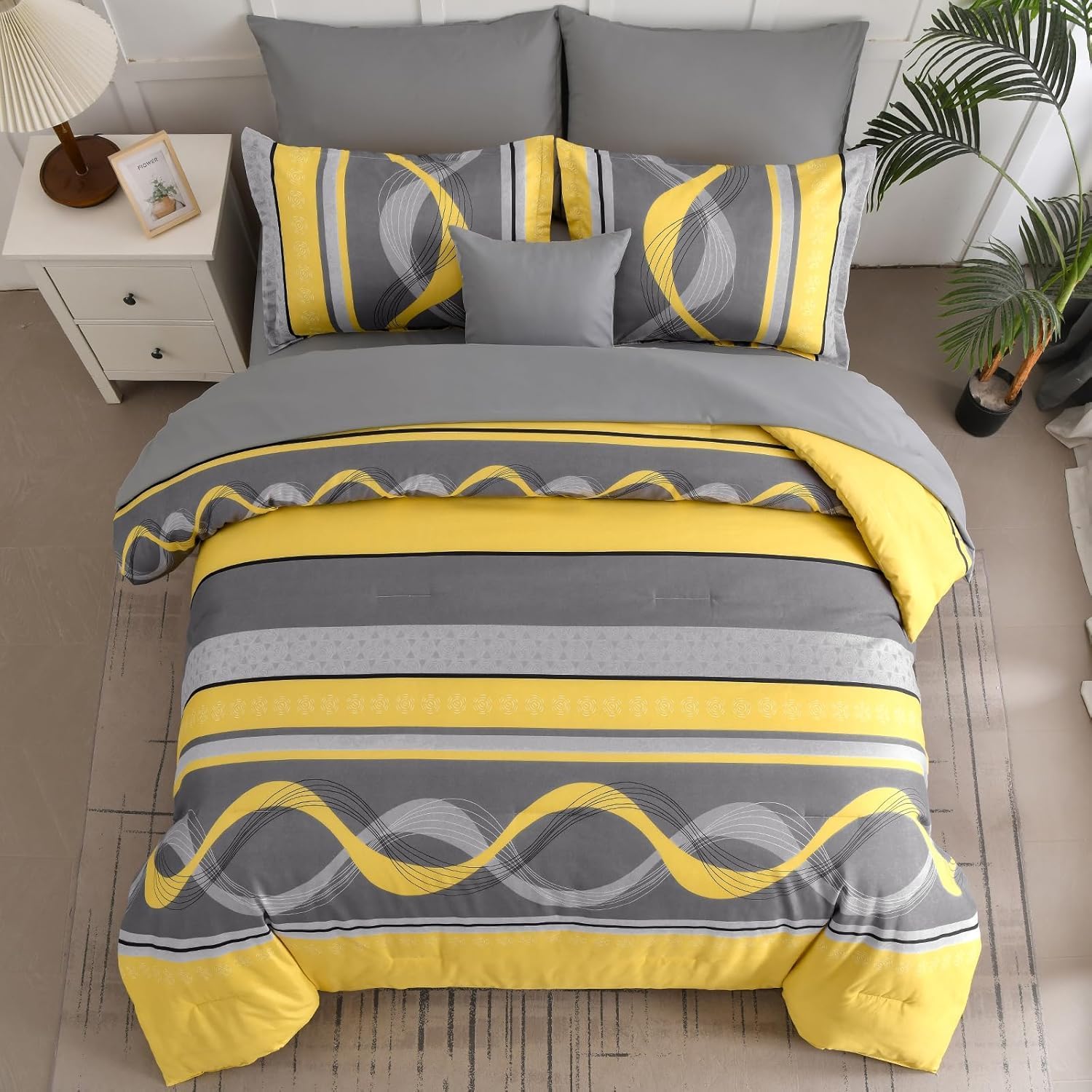 Anibedding Yellow Comforter Set Full Size,8 Pieces Bed in a Bag Patchwork Striped Bedding Sets,Boho Soft Microfiber Bedding Set for All Season(78"×90") - Image 3