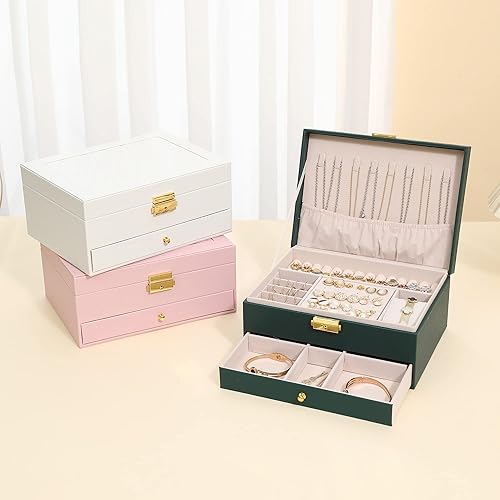 Miniatura 5 de Addong Caja de joyería de doble capa de gran capacidad de piel sintética, caja de decoración de celosía, caja de exhibición de almacenamiento de