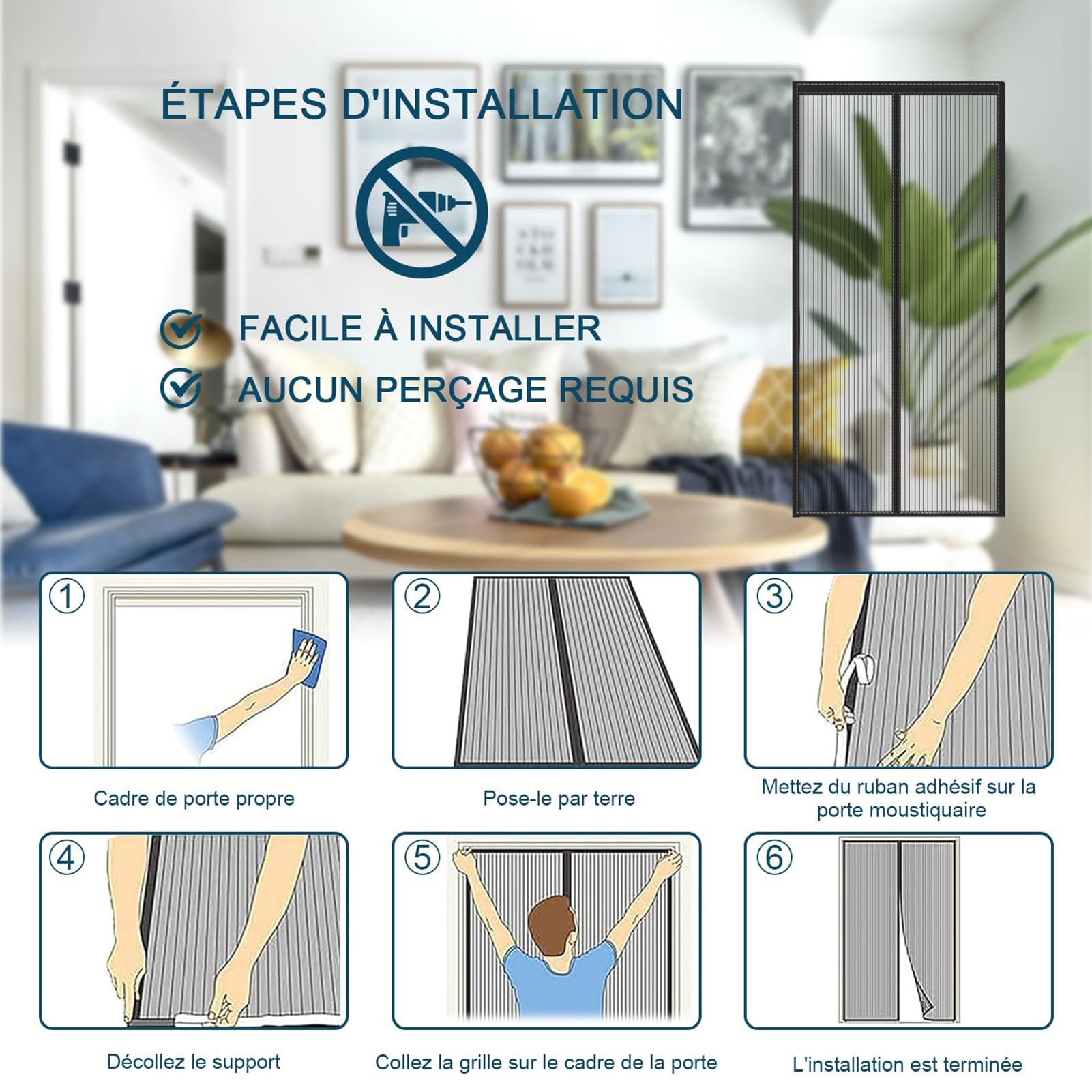 Moustiquaire de Porte Rideau,235x230 cm(largeur*hauteur) Magnétique Rideau de Porte Antimoustique avec Fermeture Aimantée Sans Perçage pour Porte de Balcon, porte Cave,Bandes Noires