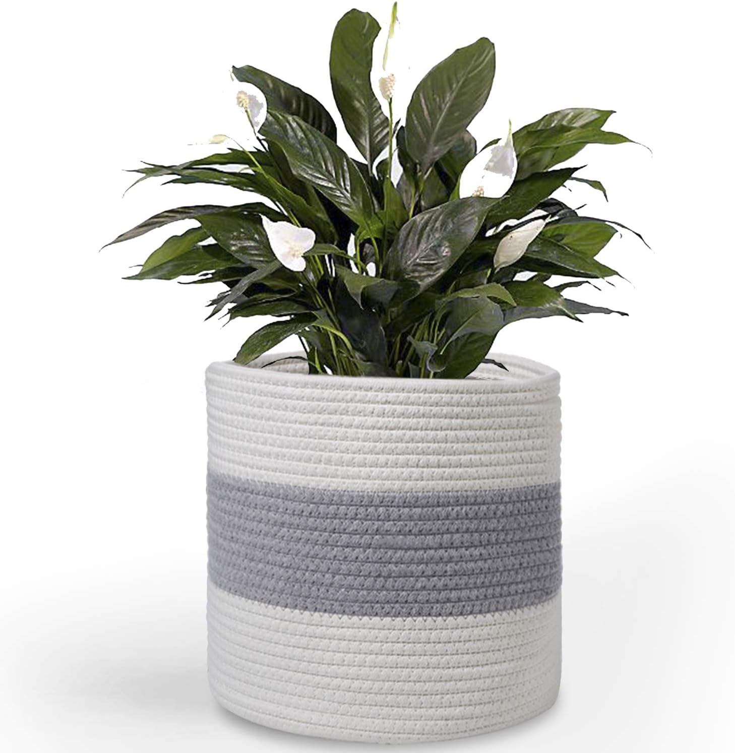 Cotton Rope Plant Basket for 10 Inches Potted Plant, Woven Storage Basket, Indoor Floor Planting Pots with Handles, 11"x11" Modern Indoor Planters