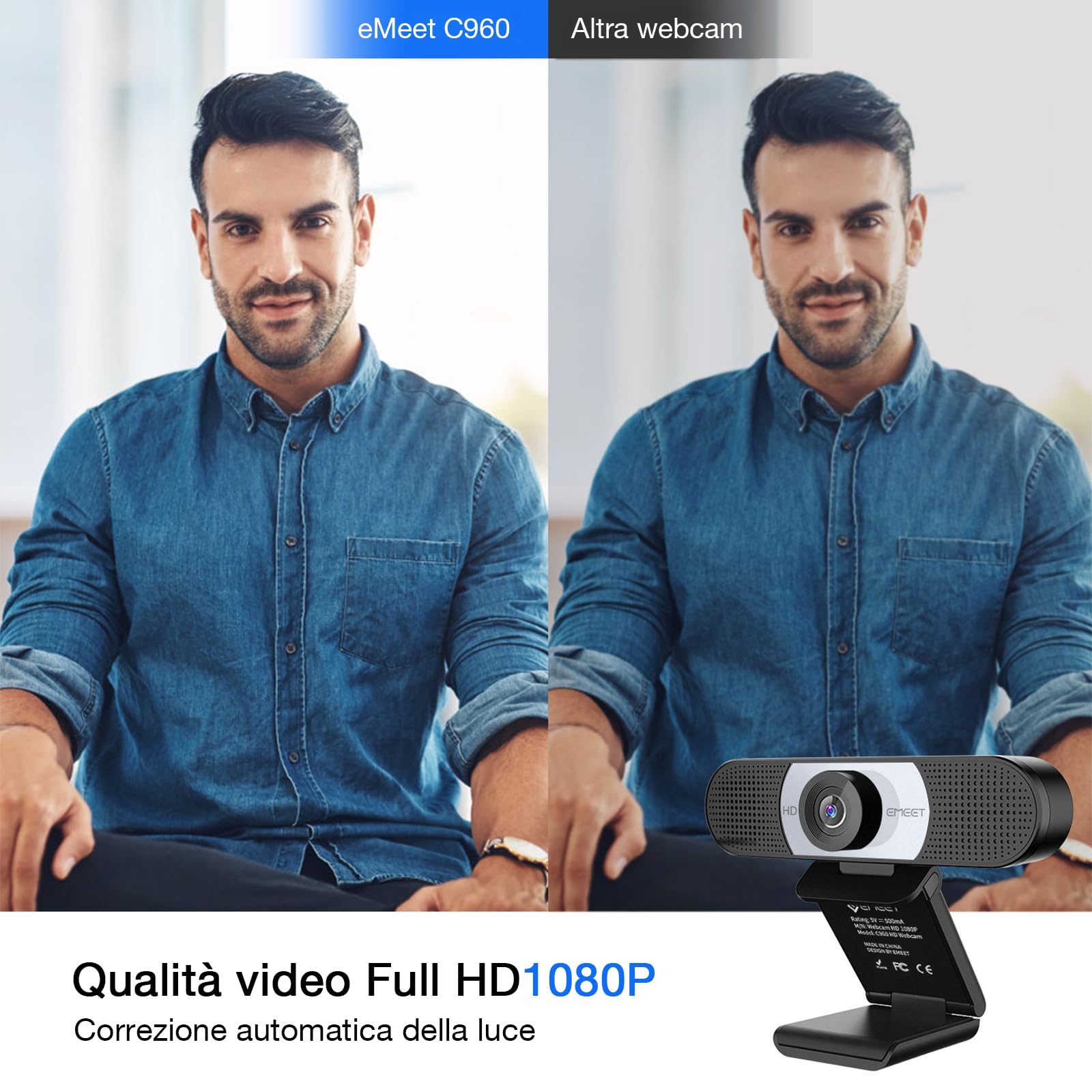 EMEET Webcam Full HD - Webcam C960 1080P con Copriobiettivo e Doppio Microfono, Videocamera per Streaming a 90° con Correzione Automatica della Luce, Plug & Play, per Linux, Win10, Mac OS