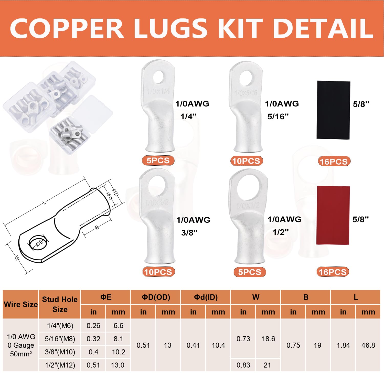Kit de terminales de anillo de cobre estañado de 1/0 AWG (62 piezas) – 30 terminales de batería (1/4 pulgadas, 5/16 pulgadas, 3/8 pulgadas, 1/2 pulgadas) con 32 tubos termorretráctiles para