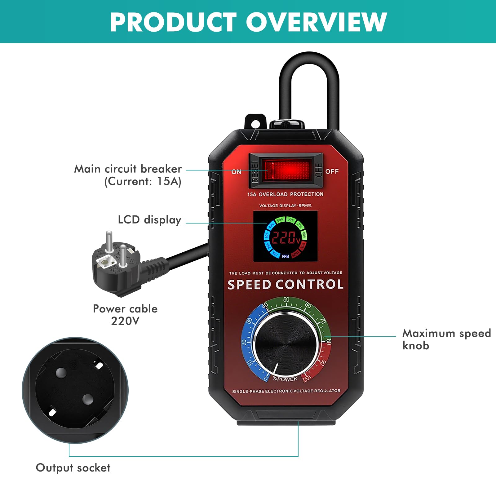 Regolatore Velocita Motori 220V Regolatore di Tensione Smerigliatrice angolare Soffiatore Trapano elettrico Stabilizzatore di Tensione display LCD variatore di velocità 220V 15A Spina europea