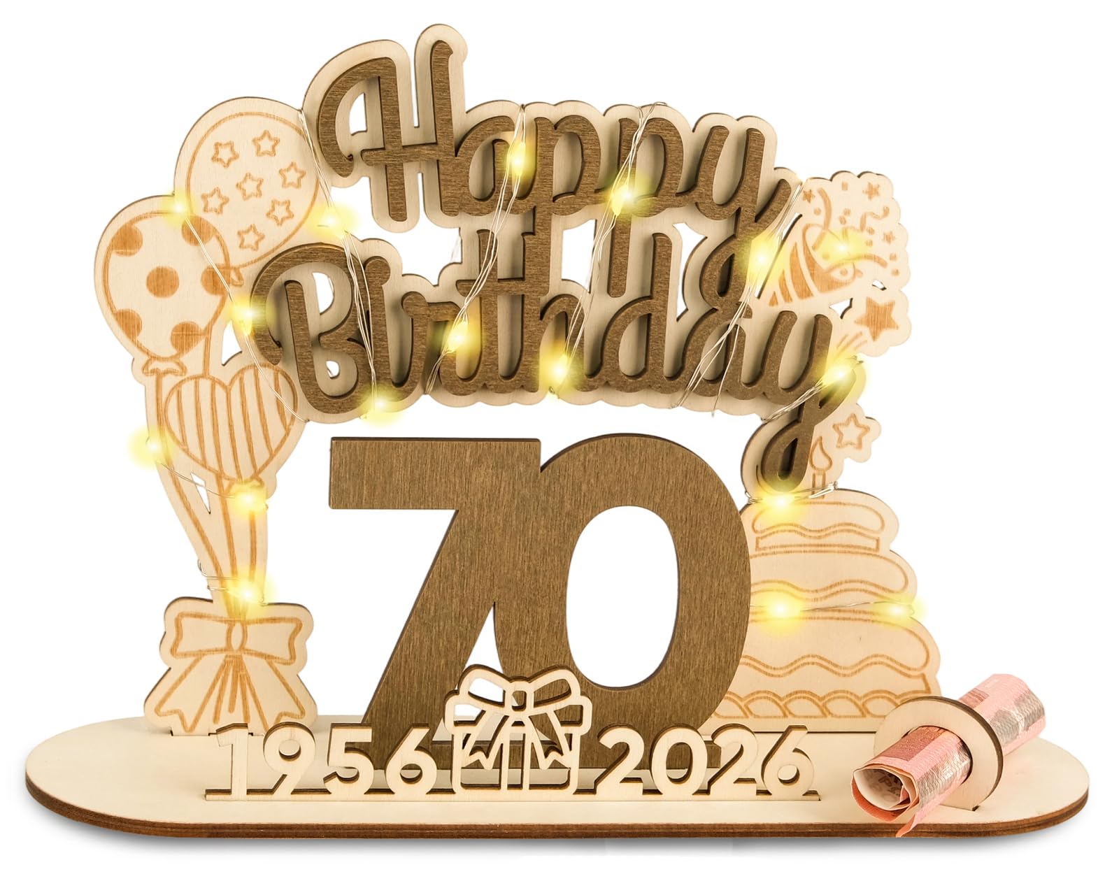 ARTREE Originelle 2026 Geburtstag 70 Geschenk Frau Mann 1956-2026, 70 Geldgeschenke Geburtstag, Holz-Schild Gästebuch mit LED Lichterkette - 70. Geburtstag Frauen & Männer Geschenk Geburtstag Deko