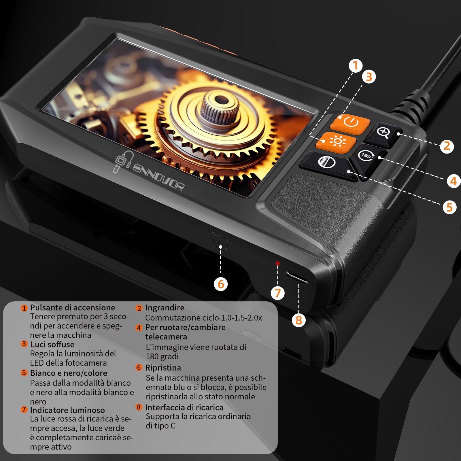 Endoscopio Industriale, 1920P HD Telecamera Endoscopica Snake, Telecamera Ispezione Tubi con Schermo da 4,3", IP67 Impermeabile Sonda Telecamera con 8 LED Regolabili, Cavo Semirigido - 5 M