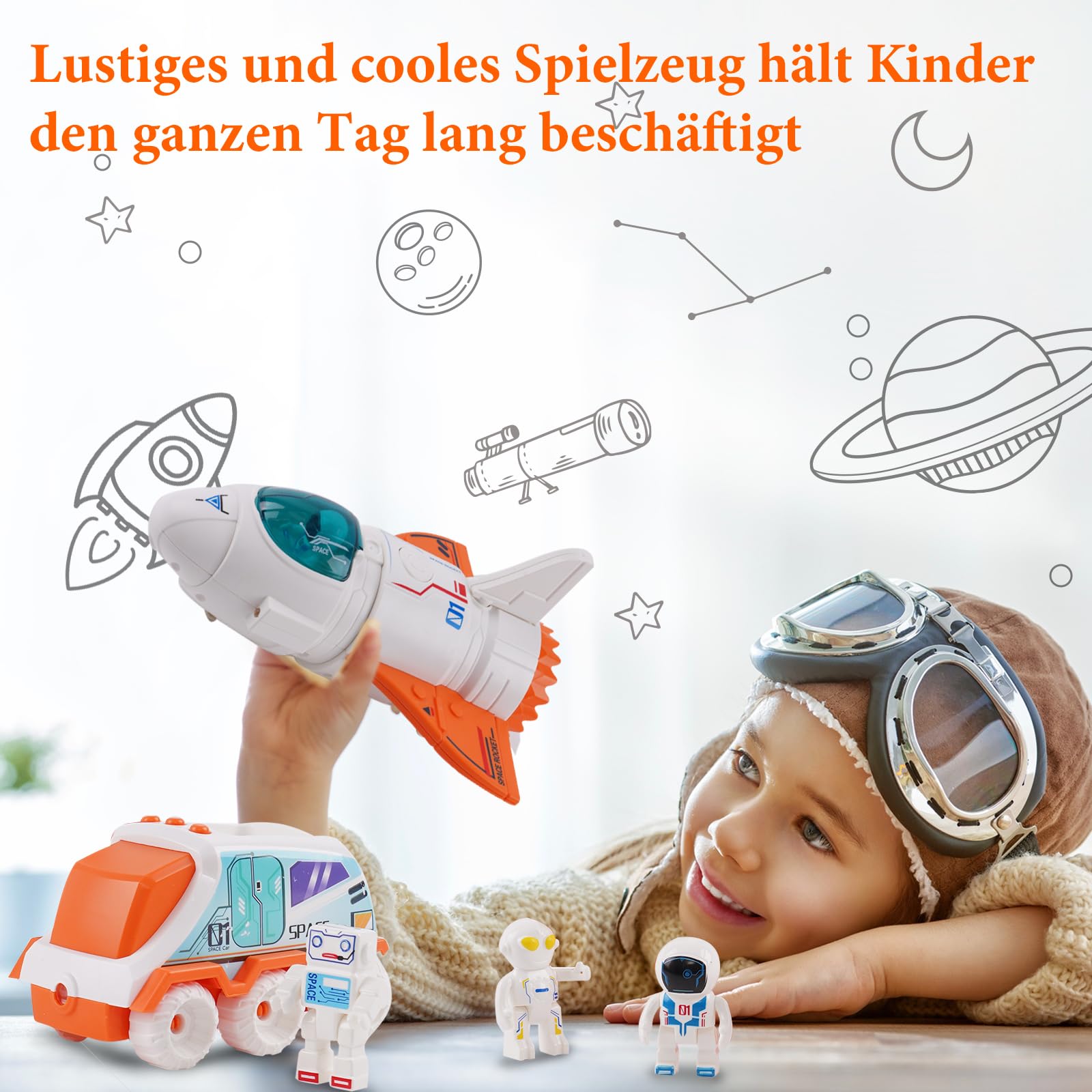 Space Shuttle Missione Spaziale Razzo Giocattolo, astronave arancione con suono, 3 figure di astronauti, cabina di pilotaggio incernierata, marmitta spray, regalo di compleanno per bambini