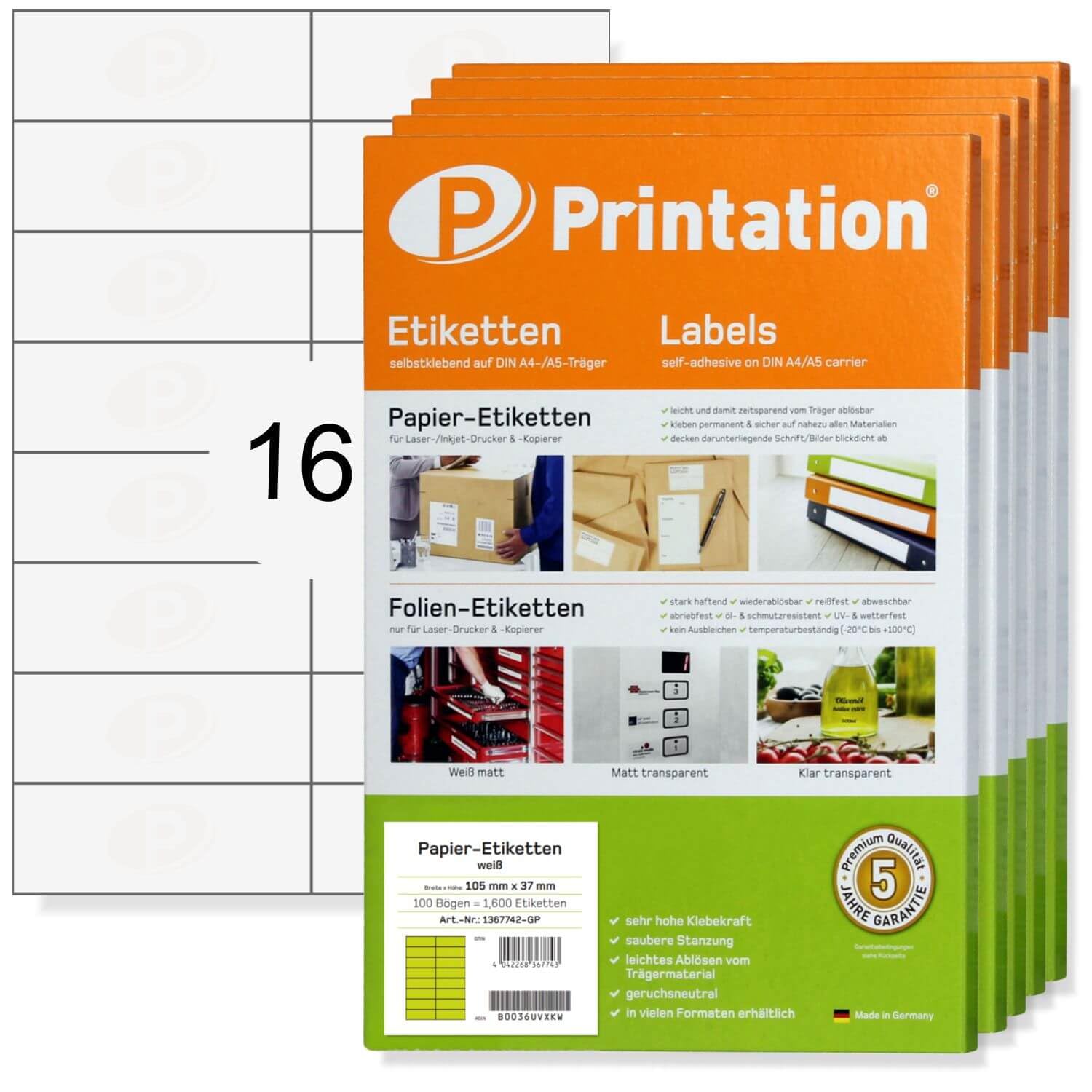 Printation Etiketten 105 x 37 mm - 8000 Aufkleber 500 Blatt DIN A4 2x8-105x37 Universal Labels blanko weiß selbstklebend 16 pro Bogen Papier Klebe-Etiketten zum beschriften/bedrucken 3484 4462 4620