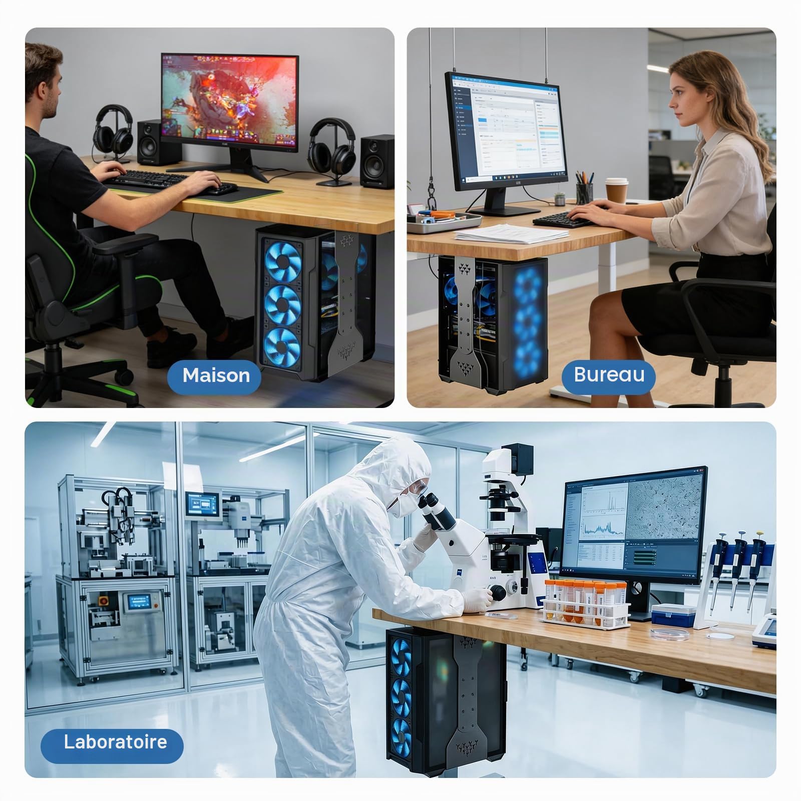 Support pour ordinateur sous bureau avec capacité de charge de 35 kg, hauteur réglable (34 à 65 cm), support universel pour tour d'ordinateur pour bureau, maison et lieux de travail - Noir