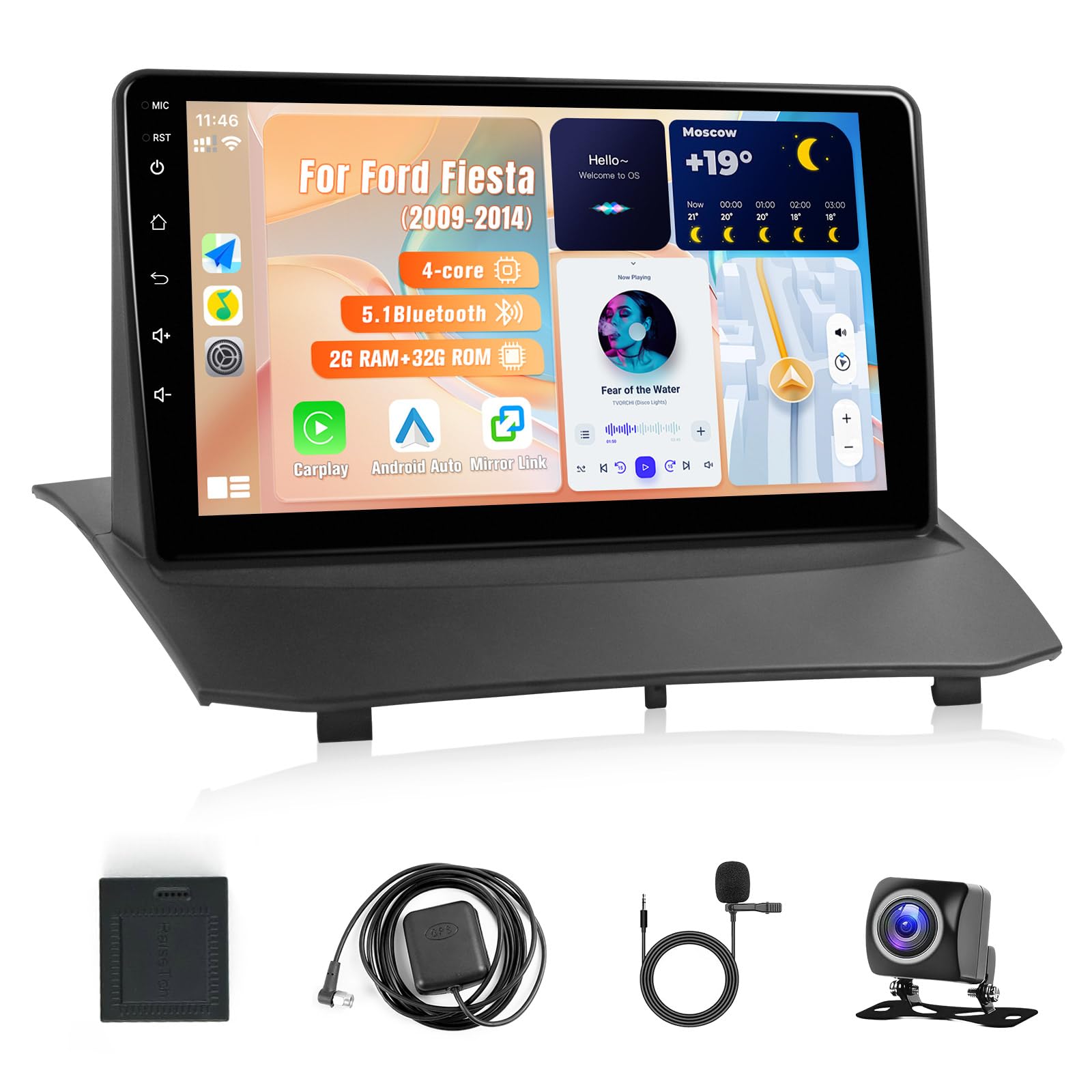 Photo 1 of KuTaiTai Car Radio Stereo for Ford Fiesta 2009 2010 2011 2012 2013 2014 with Carplay Android Auto - 2+32GB 9 Inch Touch Screen Head Unit for Ford Fiesta with GPS, Bluetooth, WiFi, Mic, Backup Camera