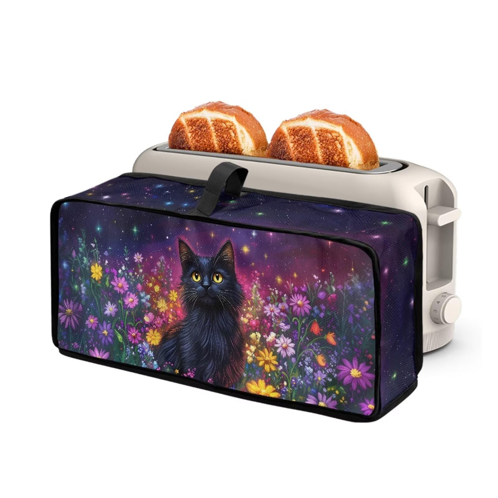 Colorful Floral Black Cat 2 Slice Long Slot Toaster Dust Cover with Top Handle Kitchen Small Appliance Dust-proof Protector Thin Bread Maker Oven Cover Kitchen Decor