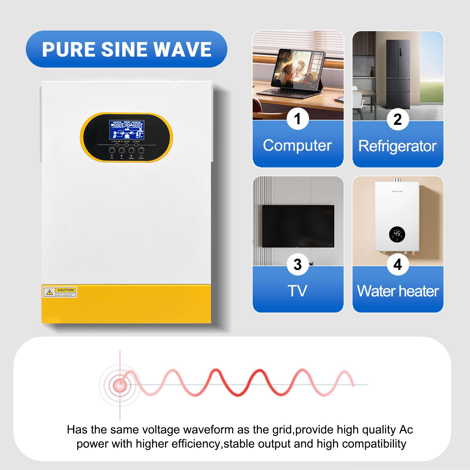 6200W Solar Hybrid Wechselrichter 48Vdc zu 230Vac, Pure Sine Wave, mit 120A MPPT Regler, 98% Wirkungsgrad, Solar und Generatoranschluss, Geeignet für netzunabhängige Systeme im Haushalt