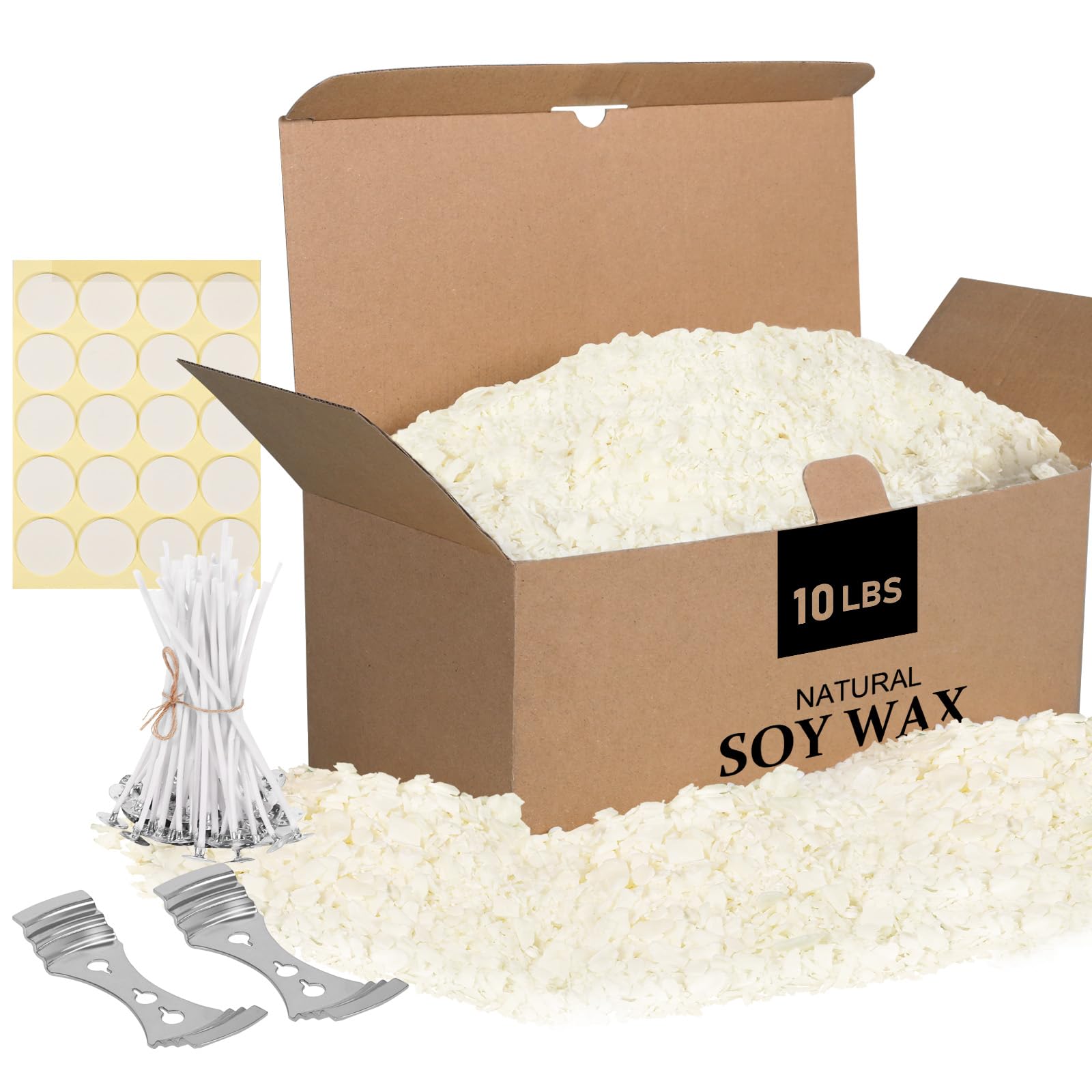 SAEUYVB Cire de soja naturelle pour la fabrication de bougies, sac de 4,5 kg, flocons de cire de soja de qualité supérieure, 20 mèches de bougie en coton, 20 autocollants de mèche et 2 dispositifs de