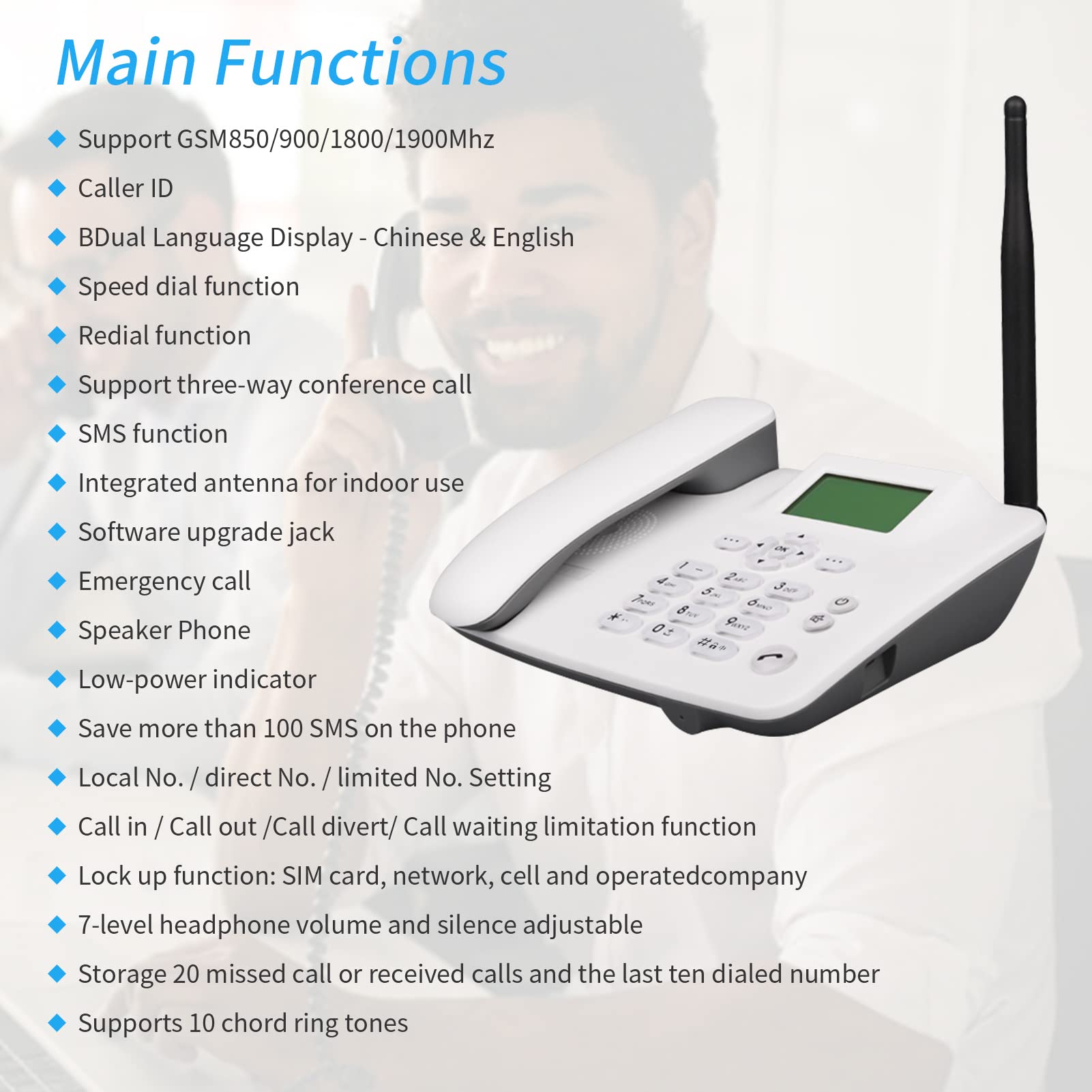 Téléphone Fixe sans Fil 4G Support de Bureau GSM 850/900/1800/1900MHz Carte SIM Antenne Radio-Réveil Fonction SMS pour Maison Centre d'appels