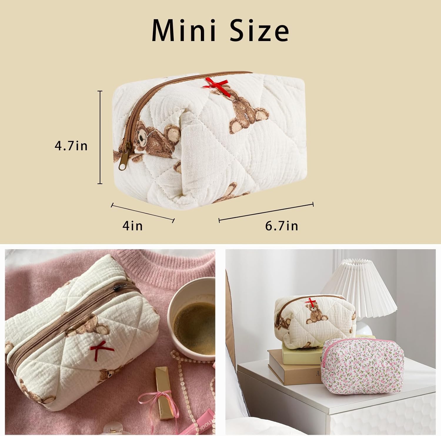 Cute Small Floral Cotton Makeup Bag, Quilted Zipper Pouch with Coquette Bear for Women and Girls, Kawaii Travel Cosmetic Bags for Purse(01Little Bear) - Image 2