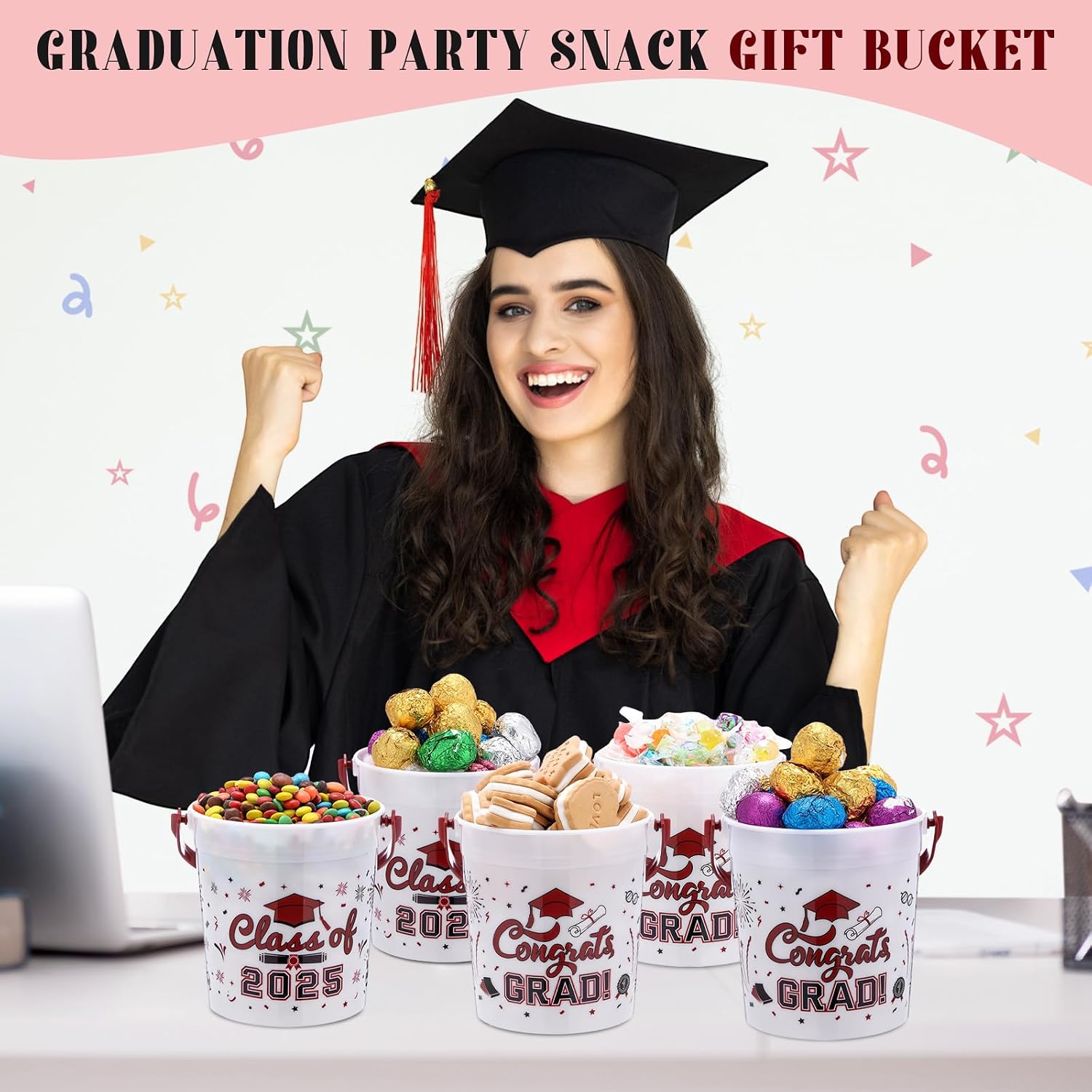 meekoo 12 Pcs 32oz Graduation Buckets with Handle Class of 2025 Versatile Plastic Treat Pail Bucket Bulk for Drinks Candy Cocktail Snack Gifts Grad Party Supplies(Wine Red) image 4