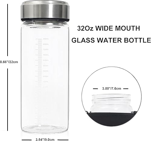 Miniatura 2 de Botella de agua de vidrio de 32 onzas con tapa, botella de agua de vidrio de boca ancha, botellas de vidrio reutilizables con tapa a prueba de