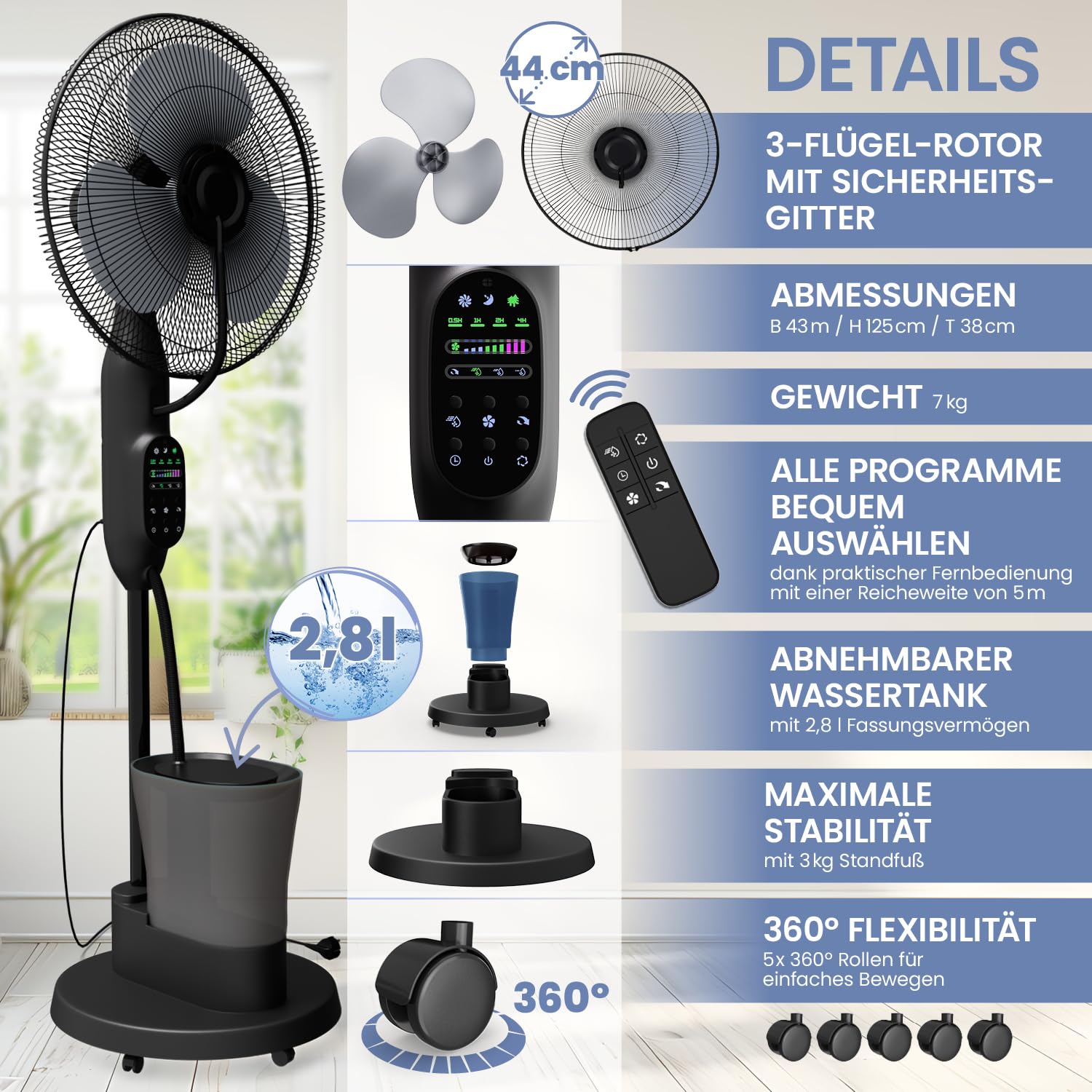 NEU Ventilator mit Wasserkühlung, Standventilator sehr leise mit Fernbedienung, Luftkühler mit Timer-Funktion, Drei Geschwindigkeiten, Schwenk- und Neigefunktion, schwarz