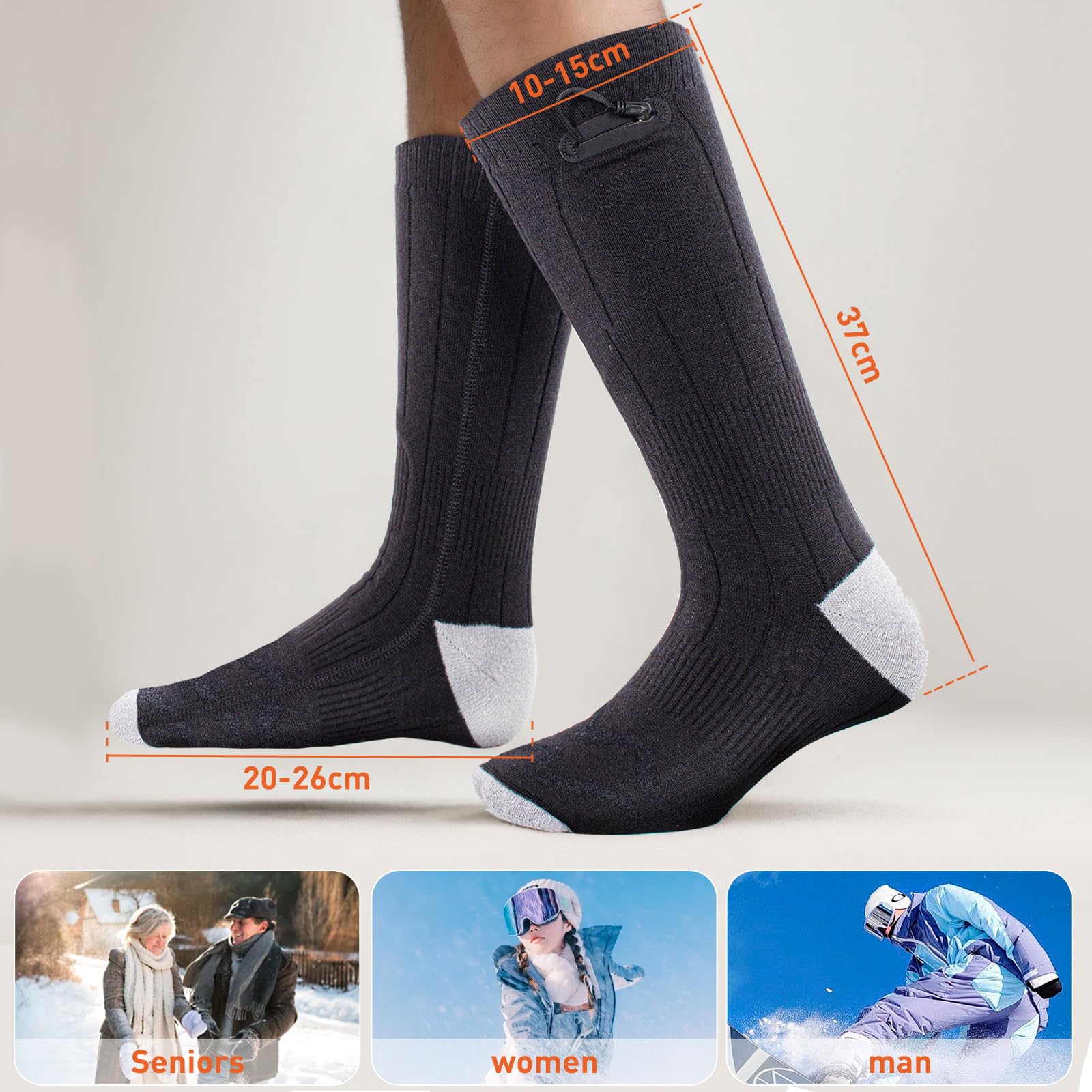 Todeco Chaussettes Chauffantes Homme Femme, 3 Niveaux de Température, Chauffe Pied Ski Chasse Randonnée