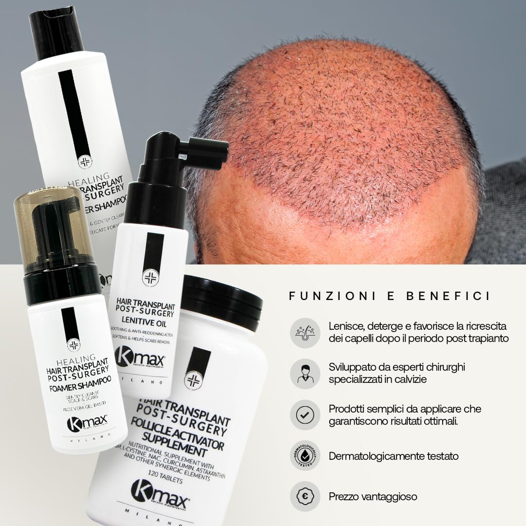Kmax Healing Hair Transplant Post Surgery Kit - Shampoo Post Trapianto Capelli, Schiuma Dopo Trapianto capello, Olio Idratante Integratore