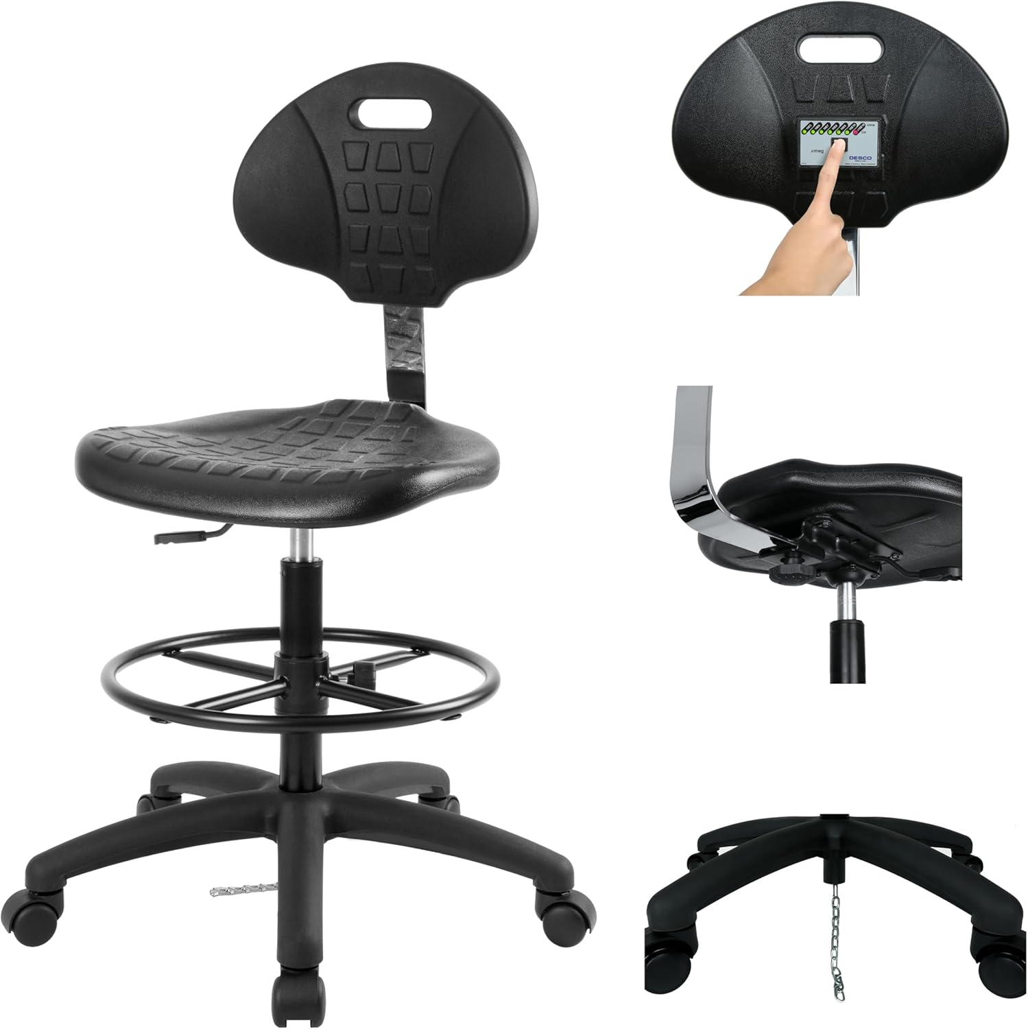 TAKE UR SEAT® Cleanroom Ergonomic ESD Chair Stool, Tilt Lumbar & Seat Depth Adjustment 18" Dia. Adjustable Fooring,HD Base,23" to 33" Height Adjustment (Tall Bench Height,Standard Casters)