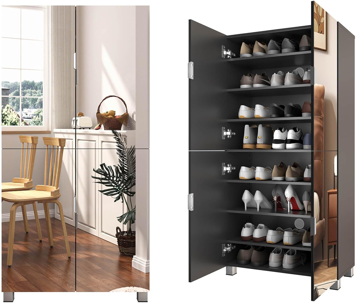 50" Tall Shoe Cabinet with 4 Mirror Doors, Entryway Storage Organizer, Holds 24-32 Pairs (Size 15), Adjustable Shelves, Vented Back, Dust-Proof Engineered Wood Closet for Hallway/Apartment, (Black)