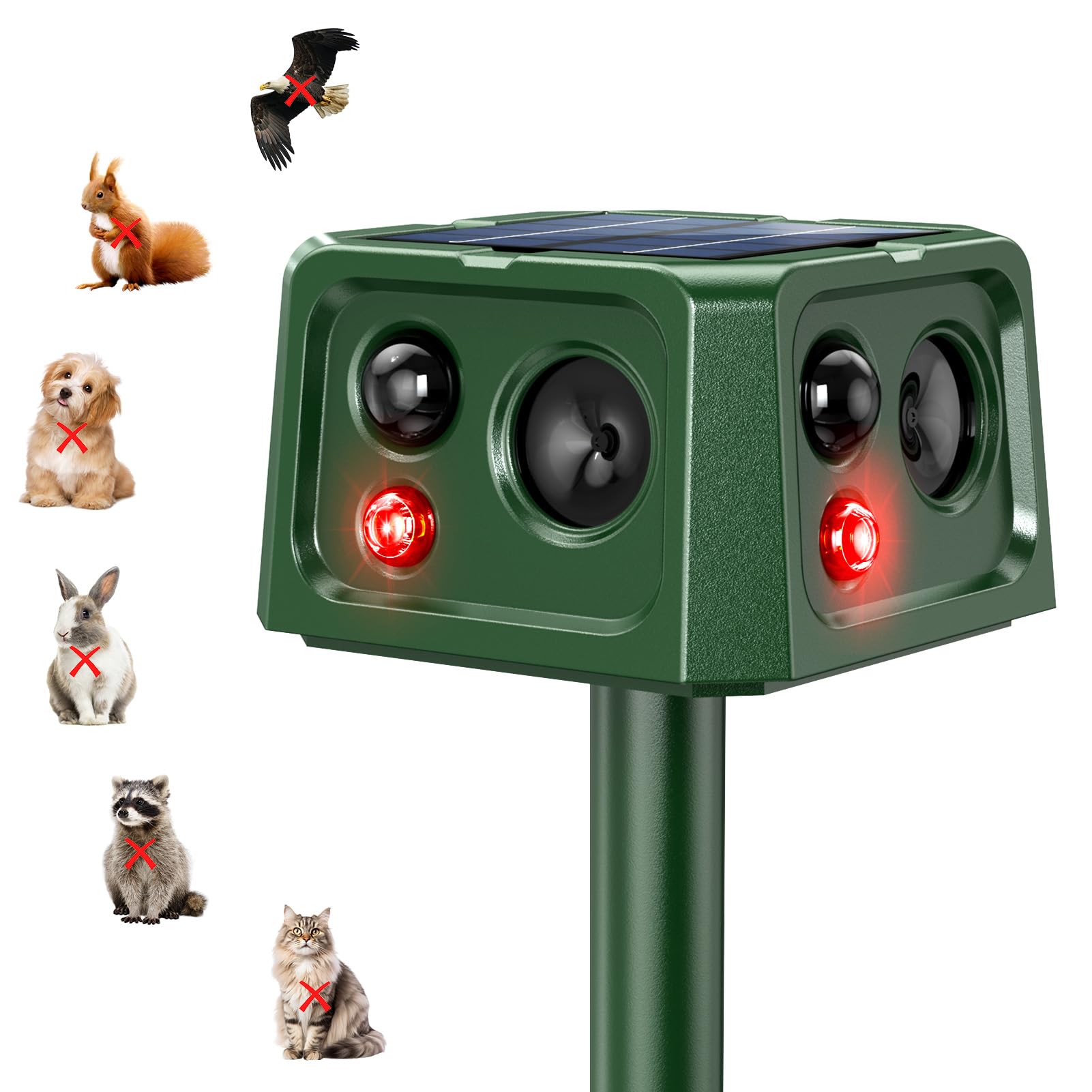 Repellente per Gatti, 360° Repellente per Animali ad Energia Solare con Sensore di Movimento e Luce Lampeggiante, 5 Modalità Ultrasuoni Repellente per Topi Uccello Puzzola Scoiattolo Procione Coniglio