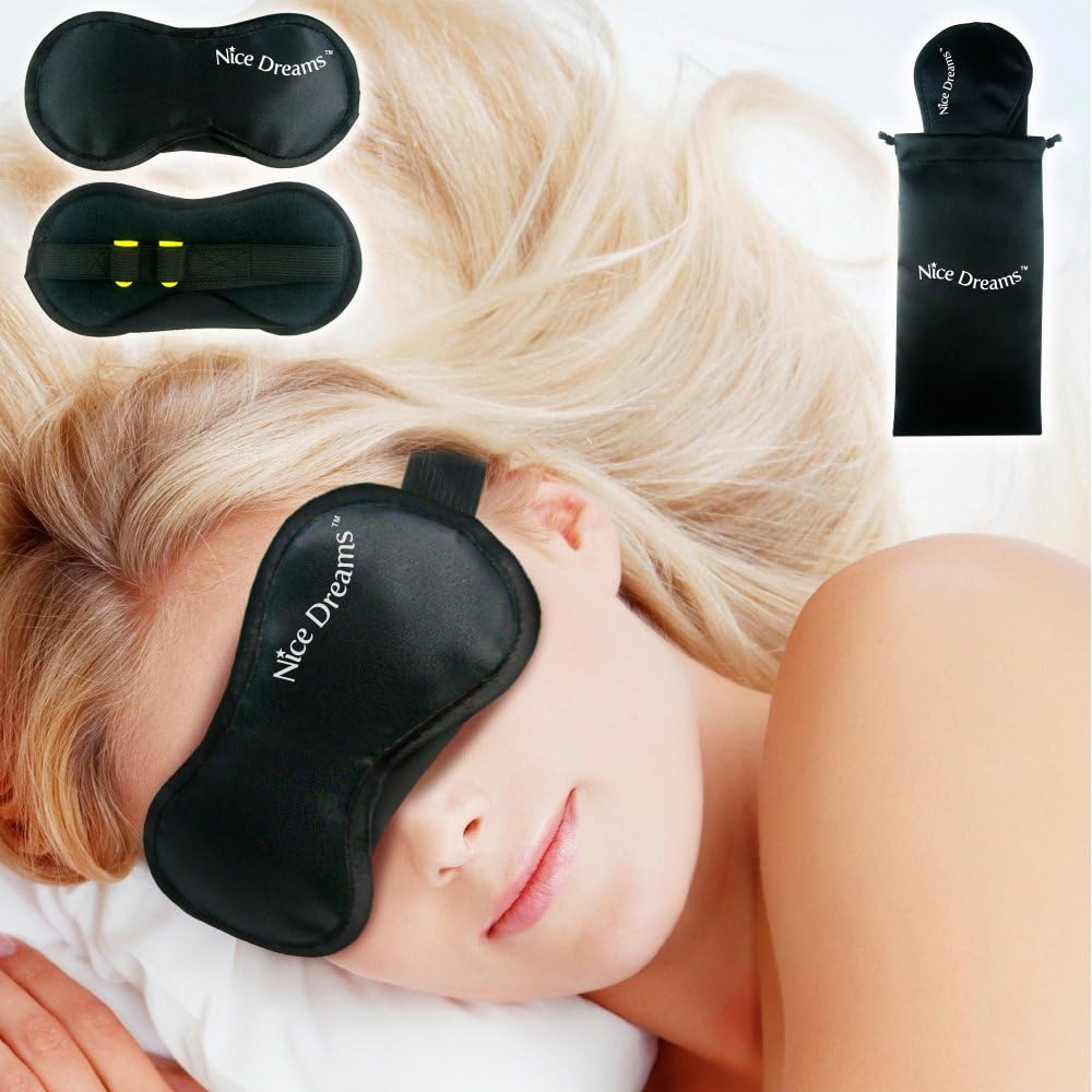 Nice Dreams Sleep Mask with Earplugs Satin Carry Bag and Wide Strap - Excellent Quality - Satisfaction Guaranteed