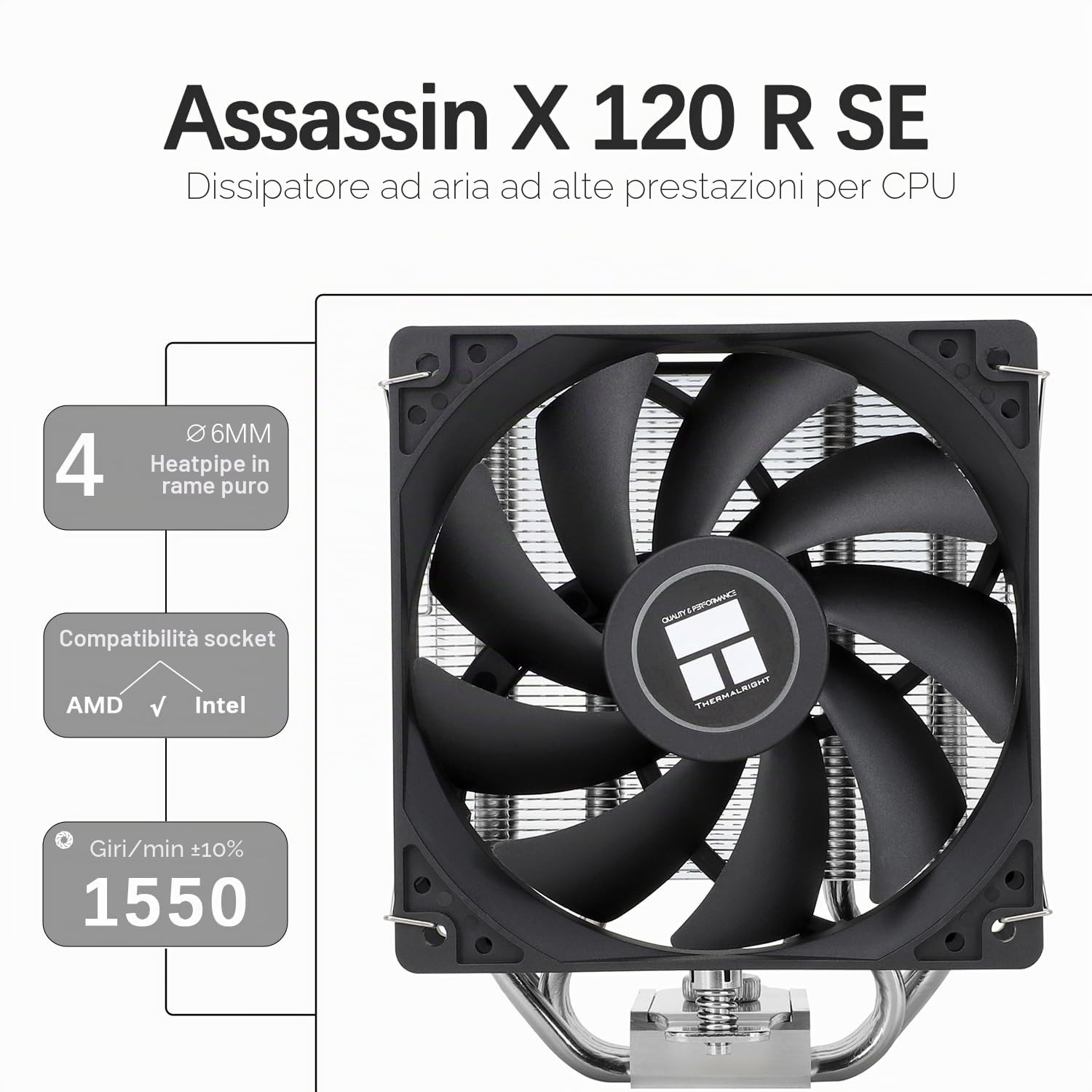 TR-Thermalright Assassin X 120R SE dissipatore di calore per CPU, 4 tubi di calore, silenziosa ventola da 120 mm, per AMD AM4 AM5, Intel LGA1851/1700/115x/1200, dissipatore per PC