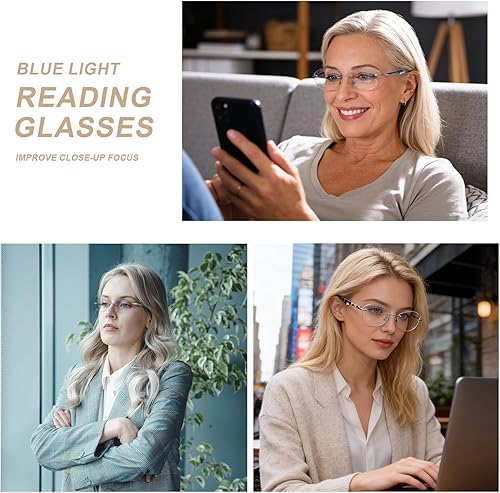 Vista 6 de AQWANO Anteojos de lectura para computadora sin montura para mujer, diseño de moda, bloqueo de luz azul con protección UV400, marco
