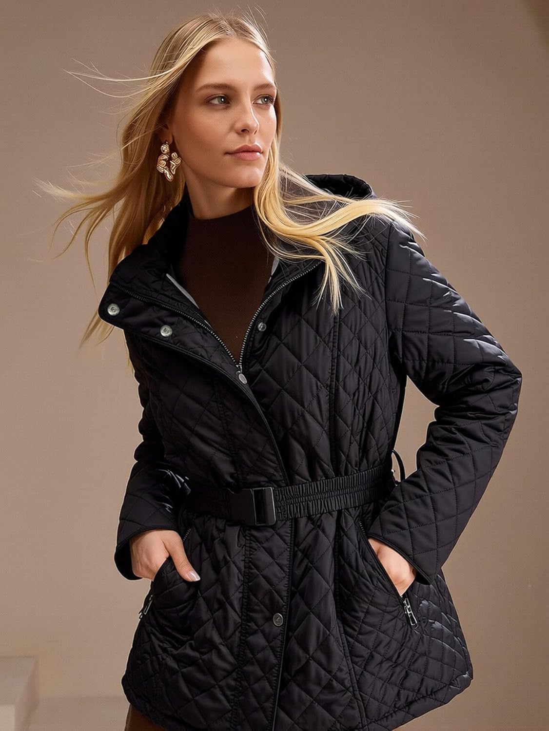 Women's Lightweight Quilted Puffer Jacket Padded Zip Warm Coat Detachable Hooded for Spring and Winter