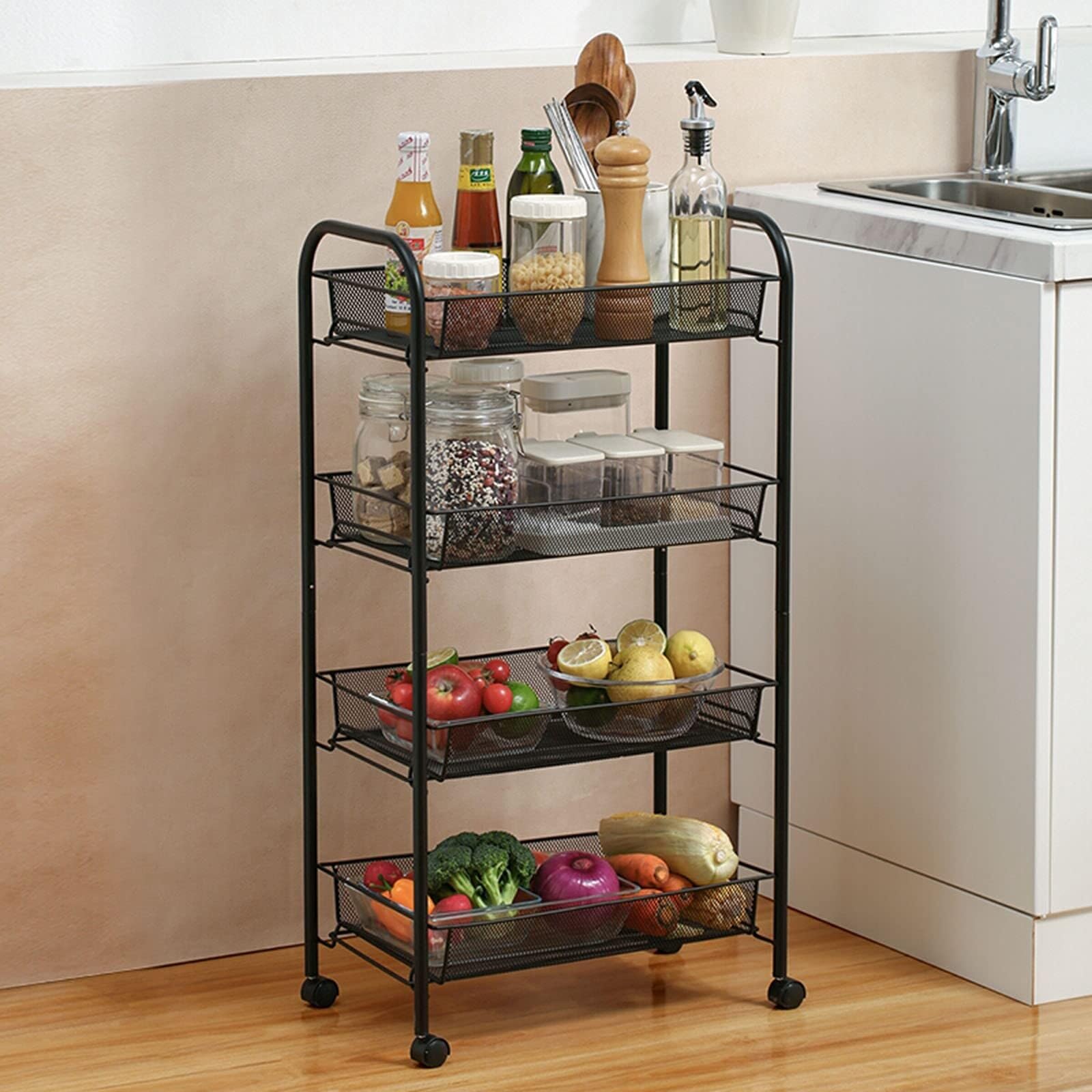 Carro De Cocina Carrito De 4 Niveles con Ruedas, Servicio, Almacenamiento Metal para Cocina, Estante para El Hogar, Organizador para Baño Multiuso Carrito