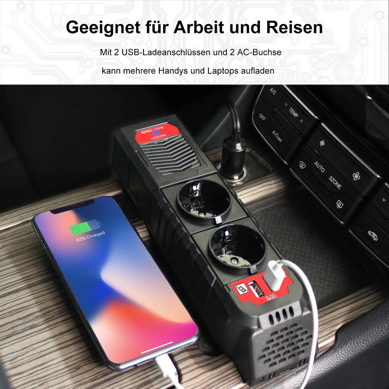 BYGD 150W Auto Spannungswandler Wechselrichter DC 12V auf 230V AC-Wandler mit 2 Ladesteckdosen und Zwei 2,4A USB-Anschlüssen Zigarettenanzünder-Steckdosenadapter für Geschaeftsfahrten und Urlaub