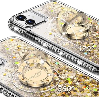 Silverback for iPhone 11 Case, Moving Liquid Holographic Sparkle Glitter Case with Kickstand, Bling Diamond Bumper Ring Stand Slim Protective Apple iPhone 11 6.1'' Cover for Girls Women, Gold