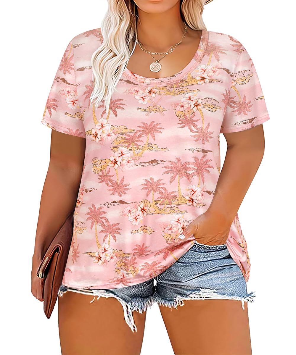 CARCOS Plus Size Tops for Women Short Sleeve Shirt Summer Star/Leopard/Tie Dye/Flower Crewneck Pullover Tunic XL-5XL