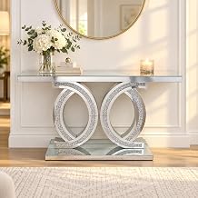 55" Mirrored Console Table, Luxury Silver Crushed Diamond Entryway Table