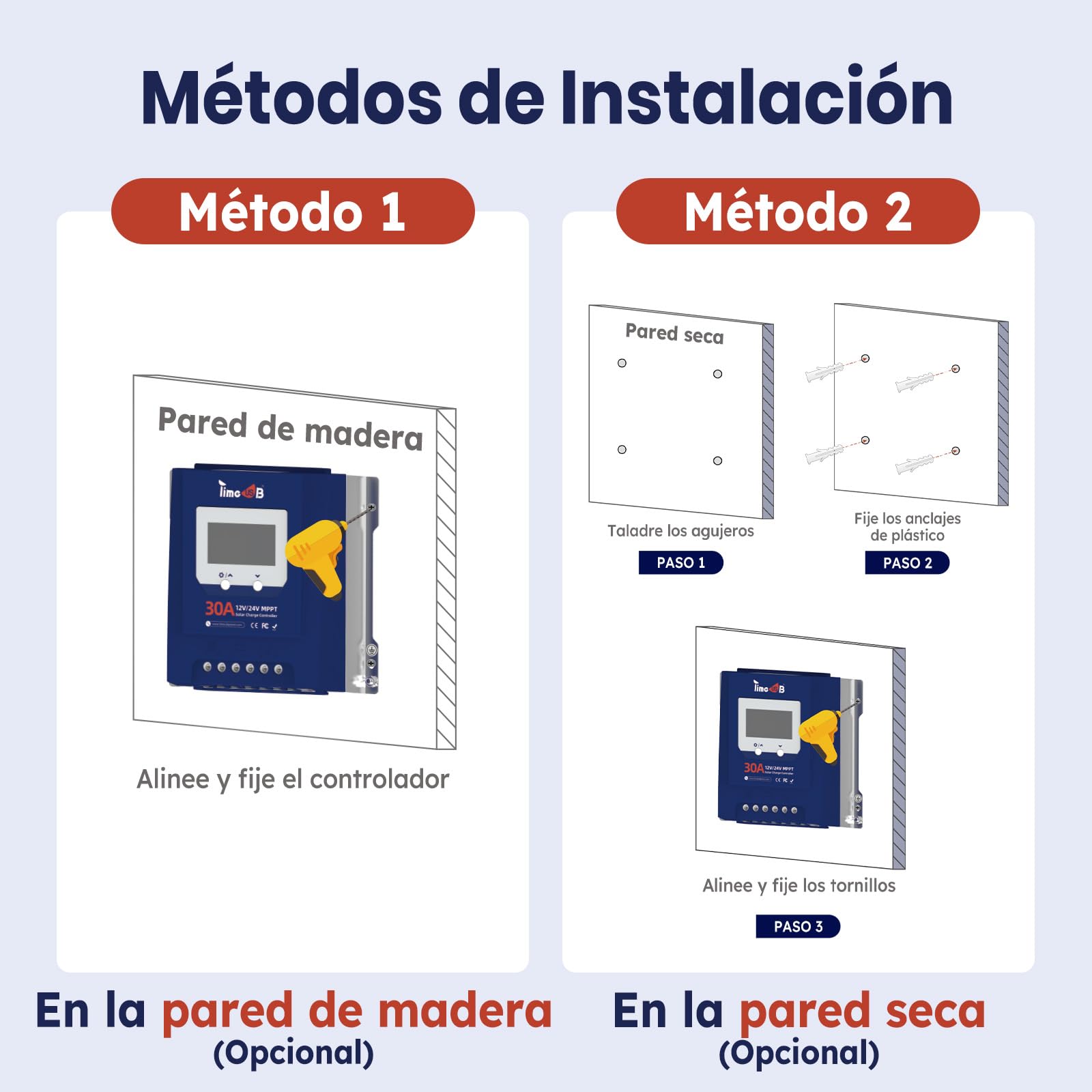 Timeusb Regulador de Carga Solar MPPT 12V 24V 30A para Batería LiFePO4 | Reconocimiento Automático,Entrada FV Máx. 50V,99% de Seguimiento,Controlador de Carga con Pantalla LCD para Plomo-ácido