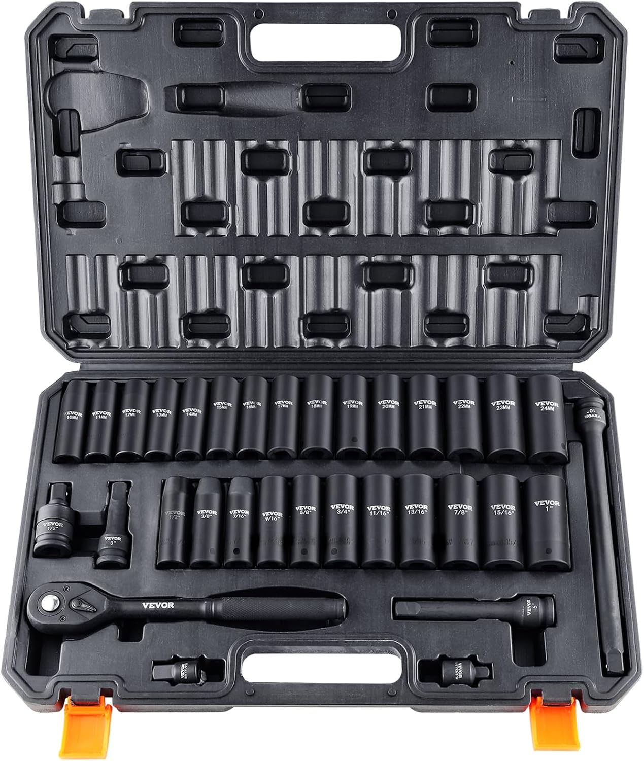 VEVOR Impact Socket Set 1/2 Inch Drive, 33-Piece Deep Socket Set SAE (3/8 to 1 inch) & Metric (10 to 24 mm) Size, 6 Point, CR-V, Extension Bars, Ratchet Handle, Universal Joint, Adapter and Reducer
