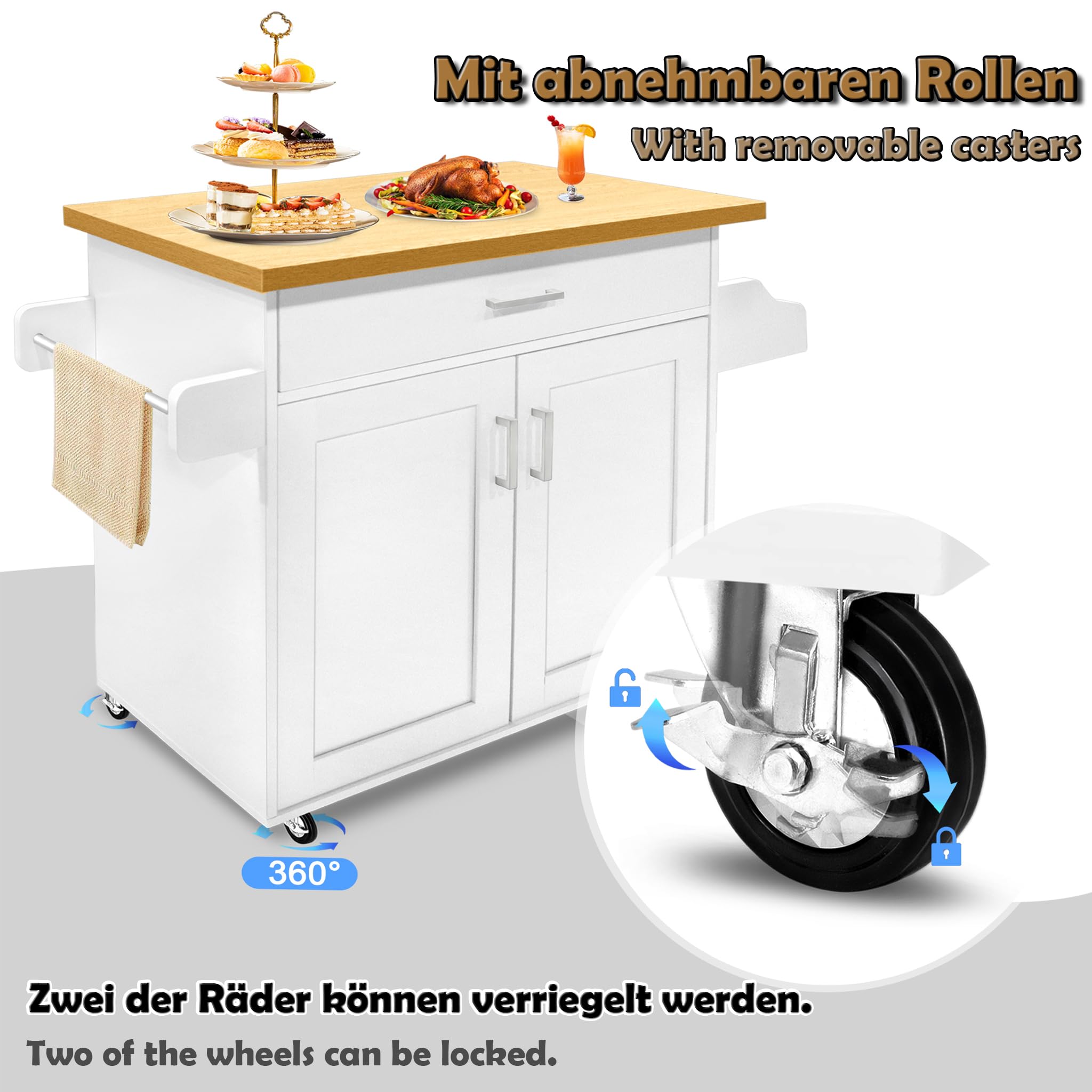 ACXIN Chariot de cuisine sur roulettes avec tiroirs et porte d'armoire, îlot de cuisine avec plan de travail, chariot de service pour cuisine, salle à manger, 115 x 36 x 90 cm, blanc