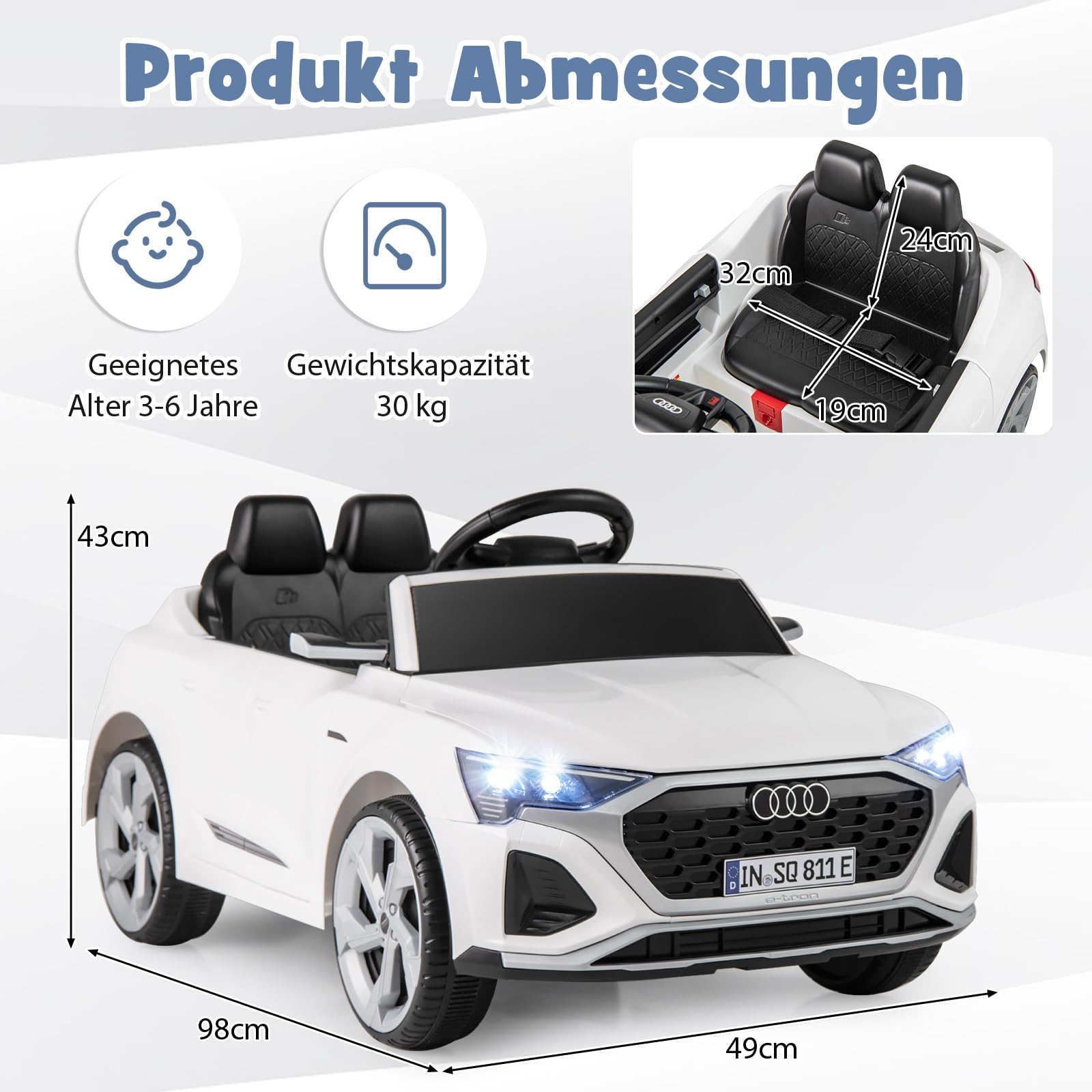 COSTWAY Kinder Elektroauto Audi SQ8, 12V Elektrofahrzeug mit 2,4G Fernbedienung & Hupe & Scheinwerfer & Musik, 3-Gang Kinderauto Elektrisch, Elektroauto für Kinder ab 3 Jahren (Weiß)