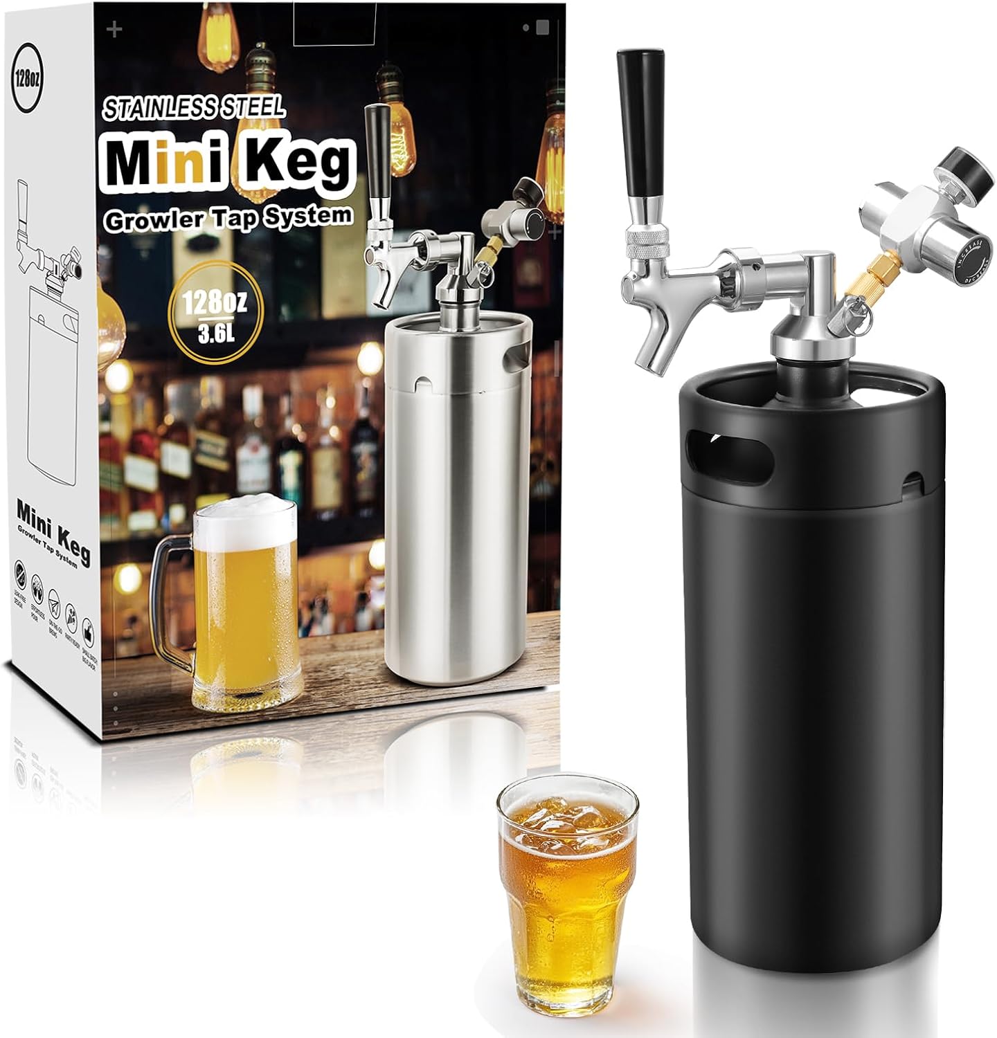 Hgkeke128OZ Mini Keg Growler,Stainless Steel Beer Keg Tap System Portable Draft Beer Dispenser to Keep Fresh and 55PSI CO2 Pressure Growler Carbonation, Beer Tap System for Homebrew,Camping,BBQ(Black)