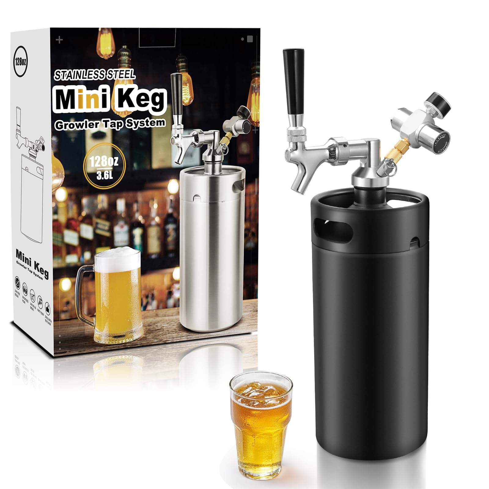 Mini-Fass-Growler, Edelstahl, tragbares Bierfass-Wasserhahn-System | CO2-Druck-Growler mit Kohlensäure, 55 PSI zum Frischhalten, Bierzapf-System für selbstgebrautes Camping, Grillen (schwarz)