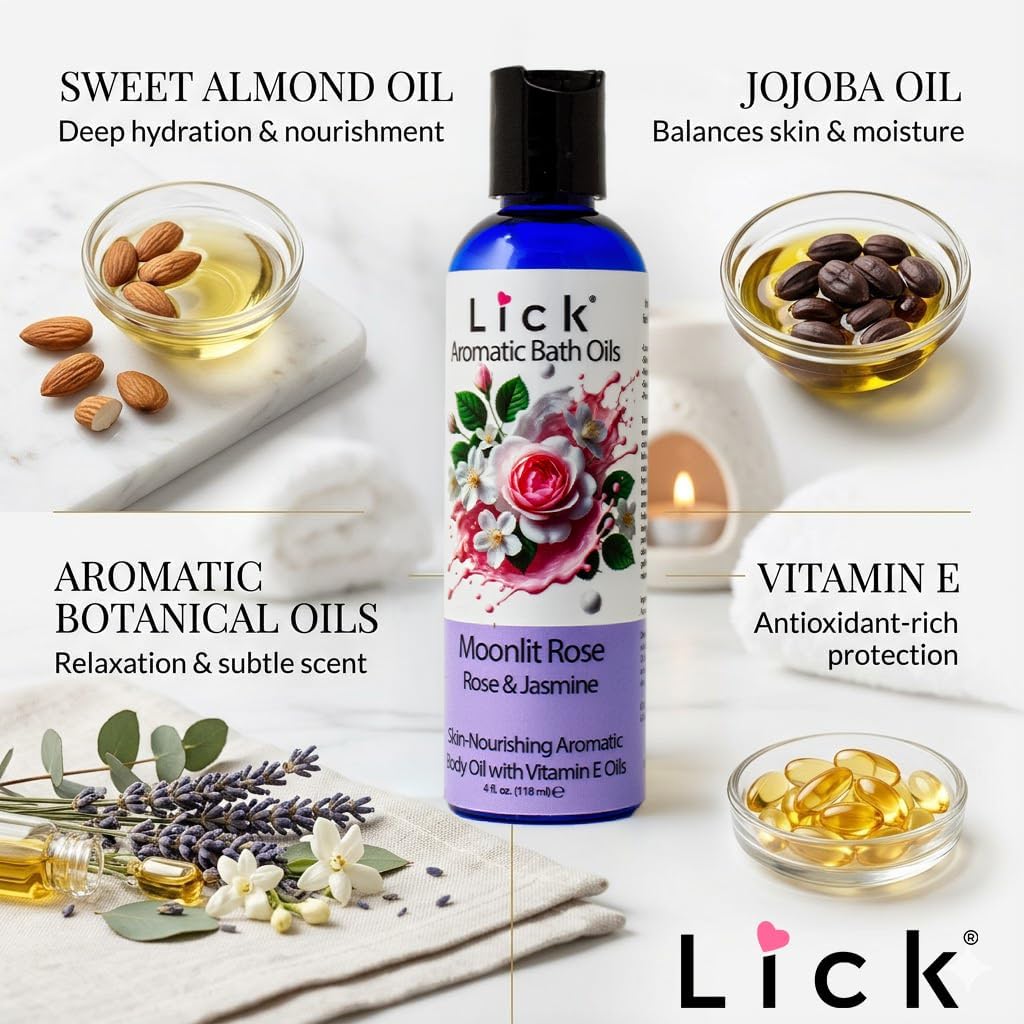 Lick Midnight Rose & Jasmine Aromatic Bath Oil - Calming Floral Scents - Aromatherapy Oils for Bath Relaxation, 4 oz